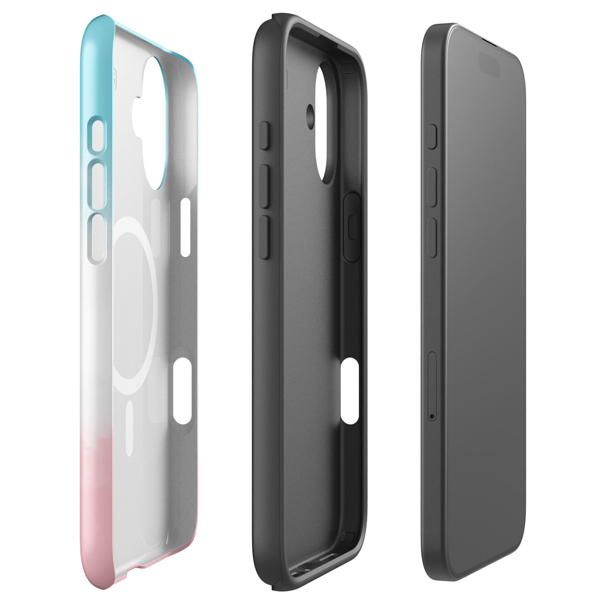 Magnetic Phone Case for iPhone with paw print heart design in blue, white, and pink colors for pet lovers, showcasing side and front views.