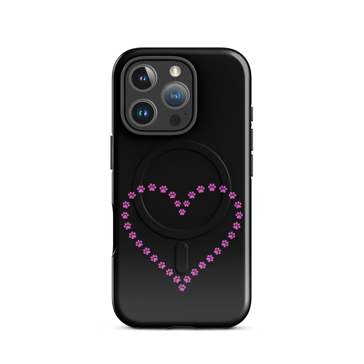 Magnetic Phone Case for iPhone in black with pink paw print heart design, perfect for pet lovers, offering charm and protection.