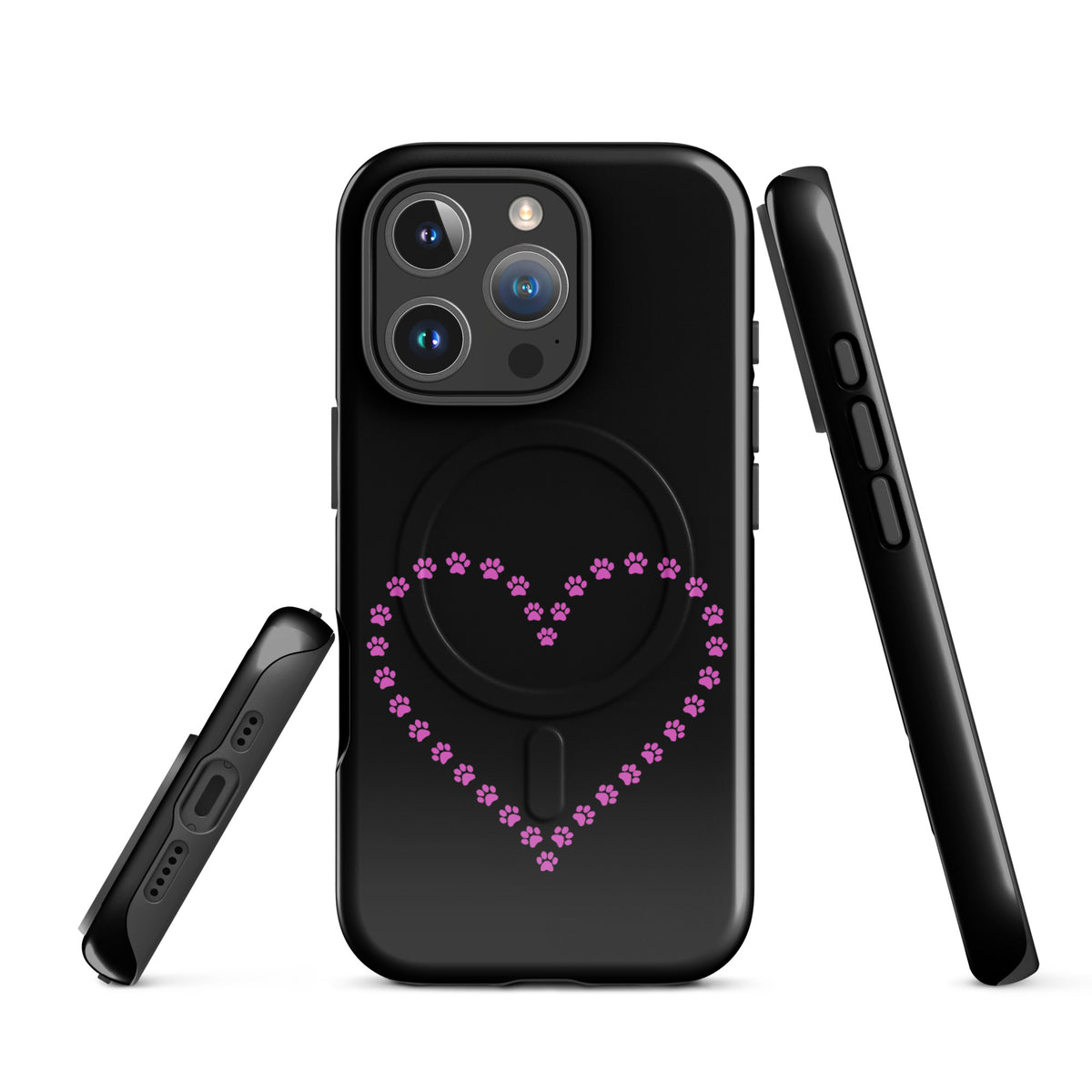 Magnetic Phone Case for iPhone with paw print heart design in black and pink, ideal for pet lovers seeking playful and protective style.