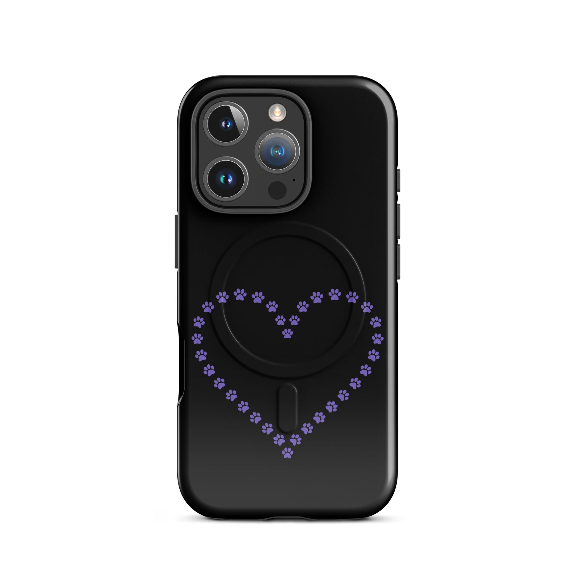 Black Magnetic Phone Case for iPhone with purple paw print heart design, ideal for pet lovers and animal-themed minimalist designs.