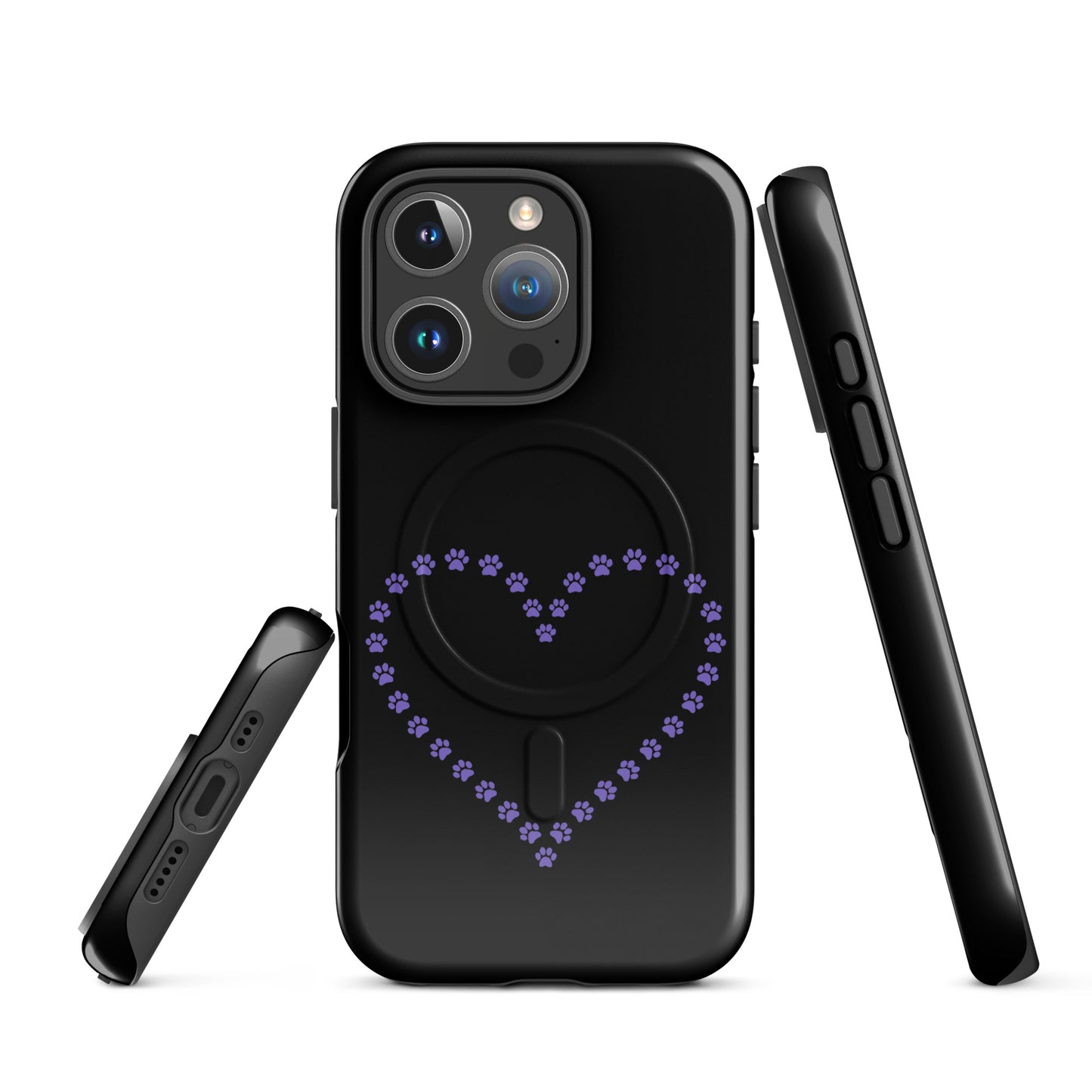 Magnetic Phone Case with purple paw print heart design for pet lovers, compatible with iPhone, black color.