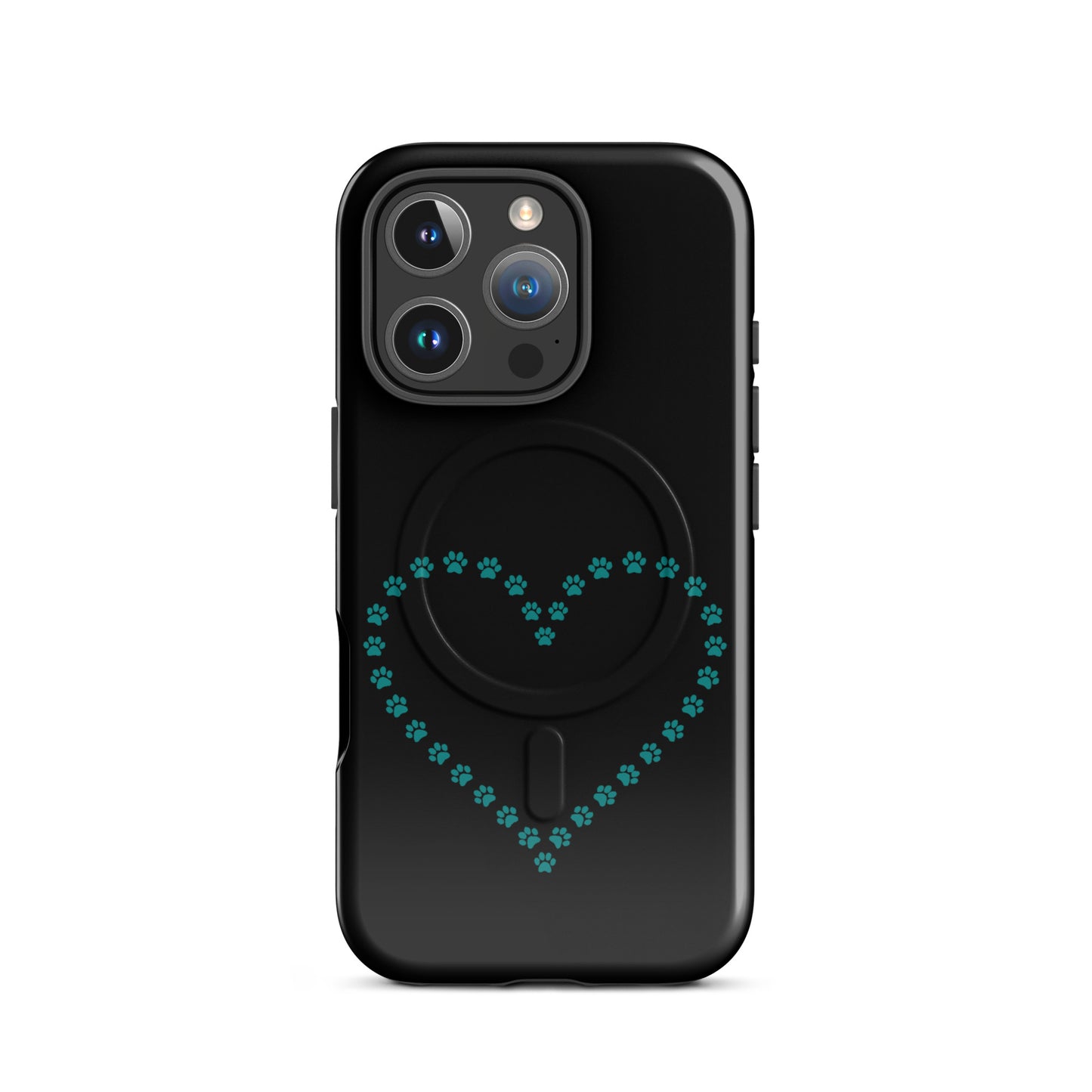 Magnetic Phone Case for iPhone with black teal paw print heart design, perfect for pet lovers seeking style and protection.