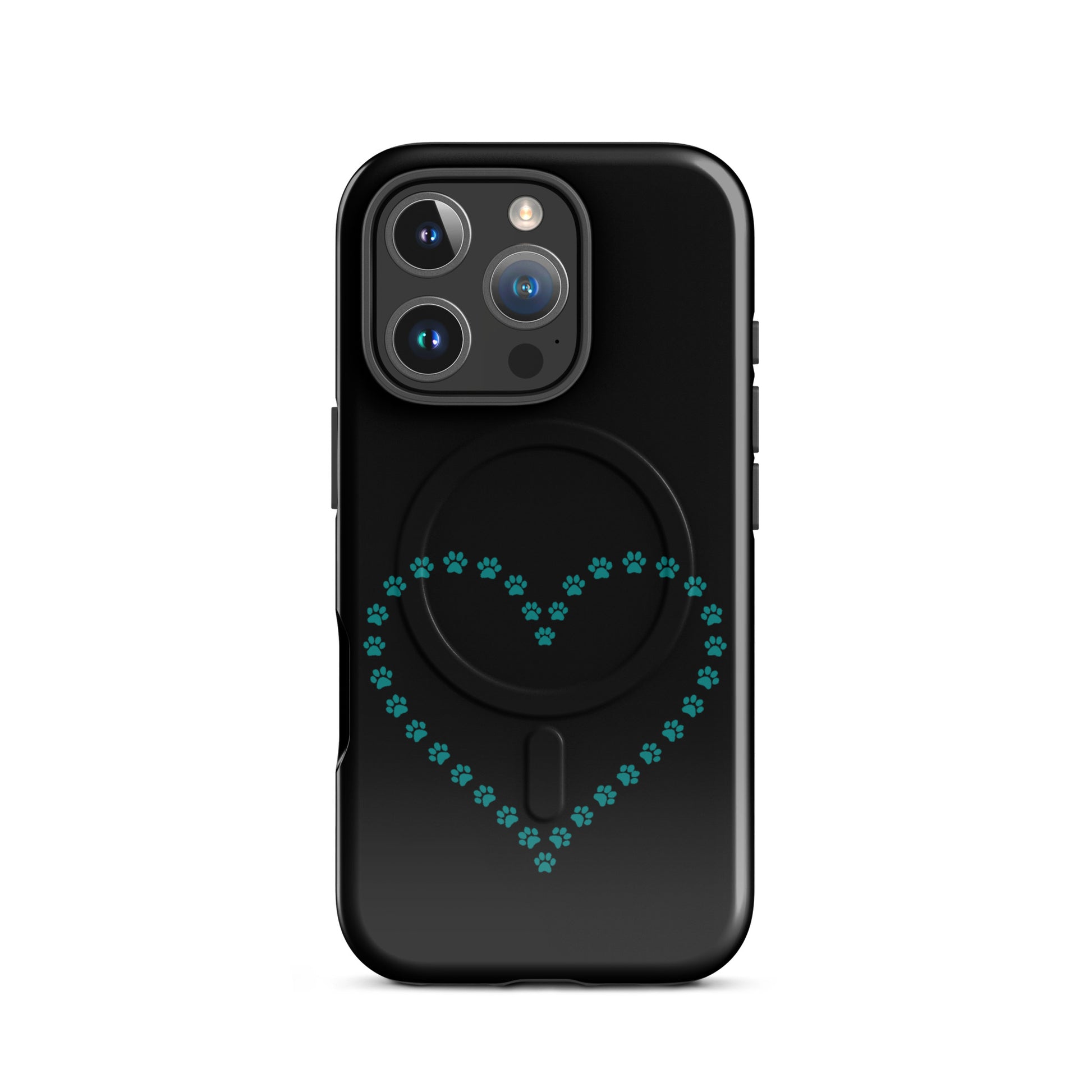Magnetic Phone Case for iPhone with black teal paw print heart design, perfect for pet lovers seeking style and protection.