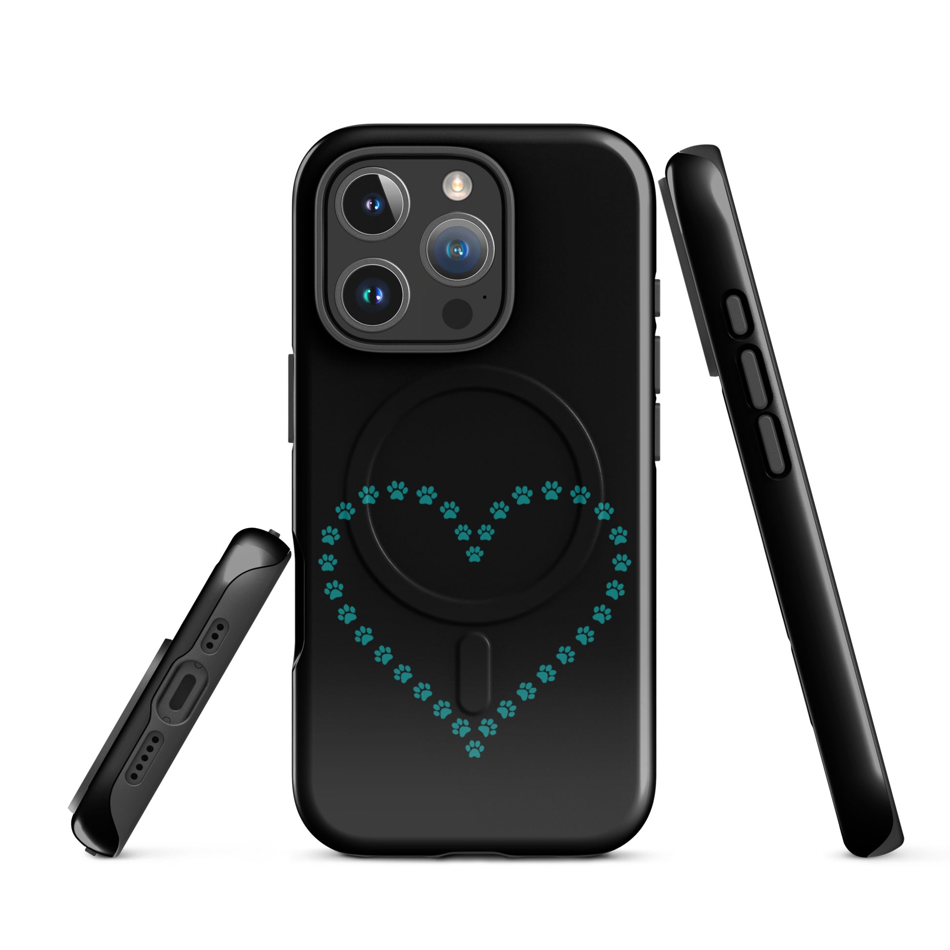 Magnetic Phone Case for iPhone with paw print heart design in black and teal, ideal for pet lovers seeking playful protection.