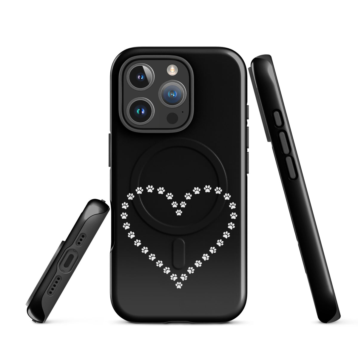 Magnetic Phone Case with paw print heart design in black and white for iPhone, ideal for pet lovers seeking stylish protection.