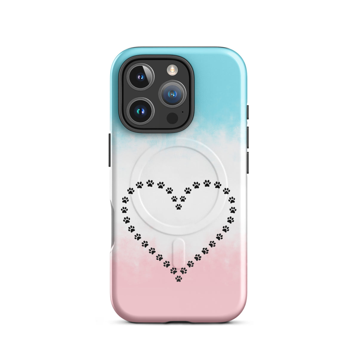 Magnetic Phone Case with paw print heart design in Blue/White/Pink for iPhone, perfect for pet lovers and animal enthusiasts.