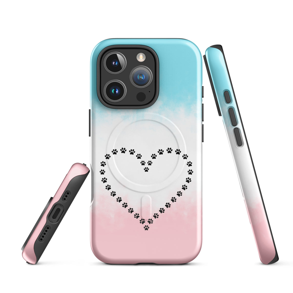 Magnetic Phone Case for iPhone with paw print heart design in blue, white, and pink colors. Perfect for pet lovers. Paw-sitive vibes.