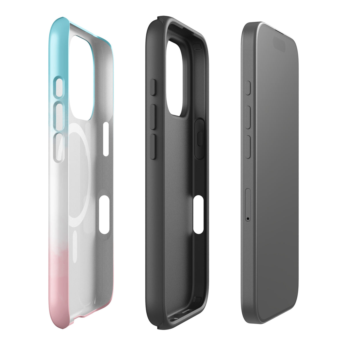 Magnetic Phone Case for iPhone in blue, white, pink with paw print heart design, ideal for pet lovers; showcases case features and colors.
