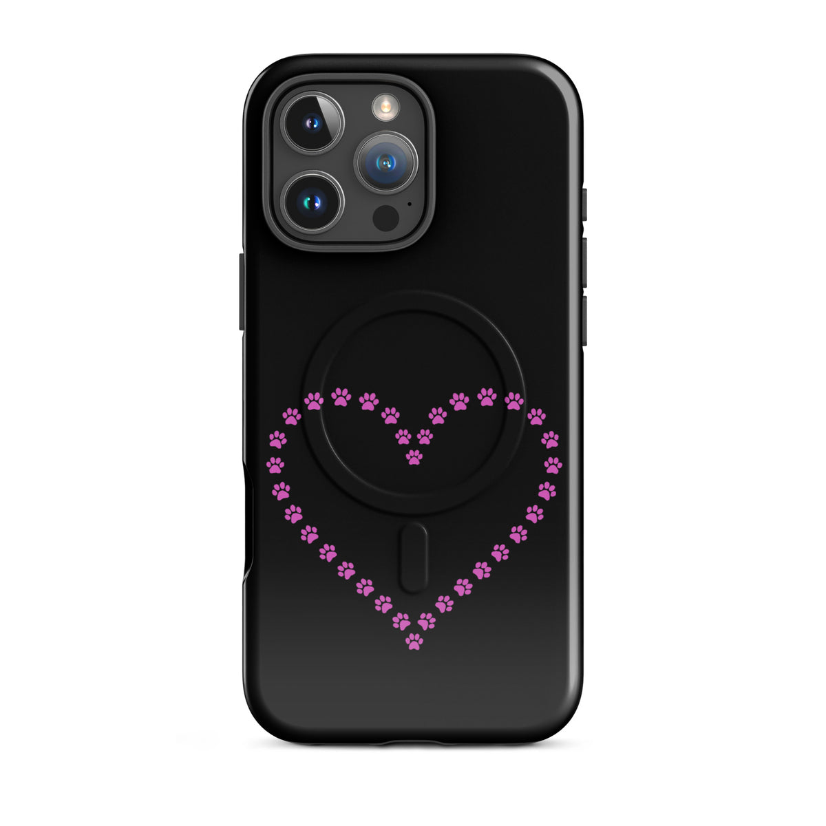 Magnetic Phone Case with black and pink paw print heart design, perfect for pet lovers and iPhone protection.