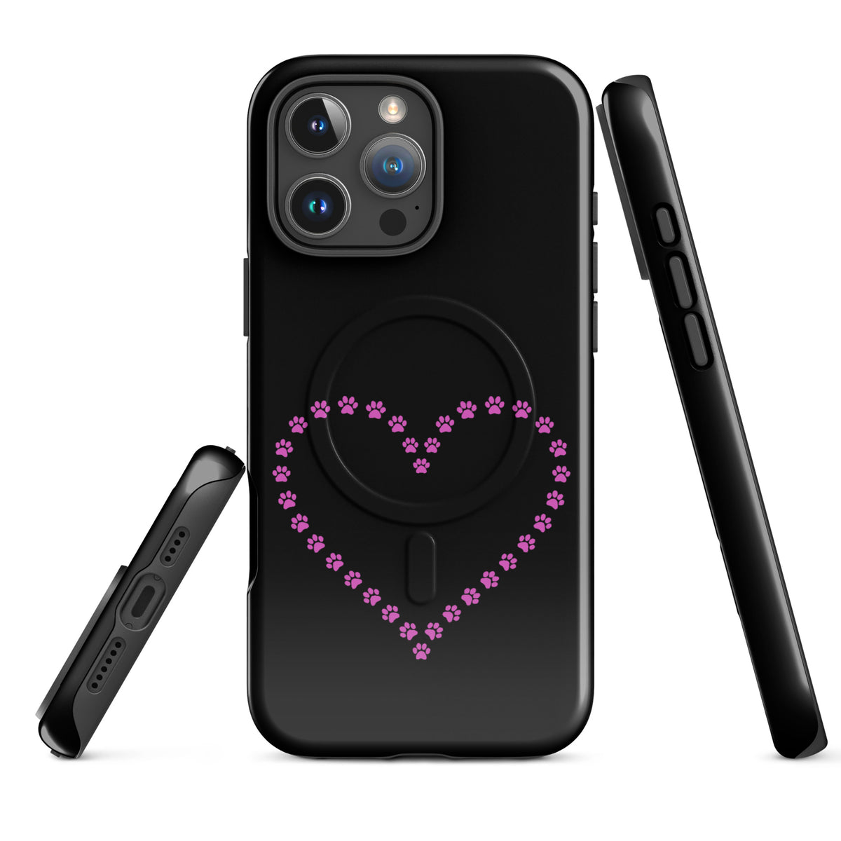 Magnetic Phone Case for iPhone with pink paw print heart design in black, perfect for pet lovers and animal enthusiasts.