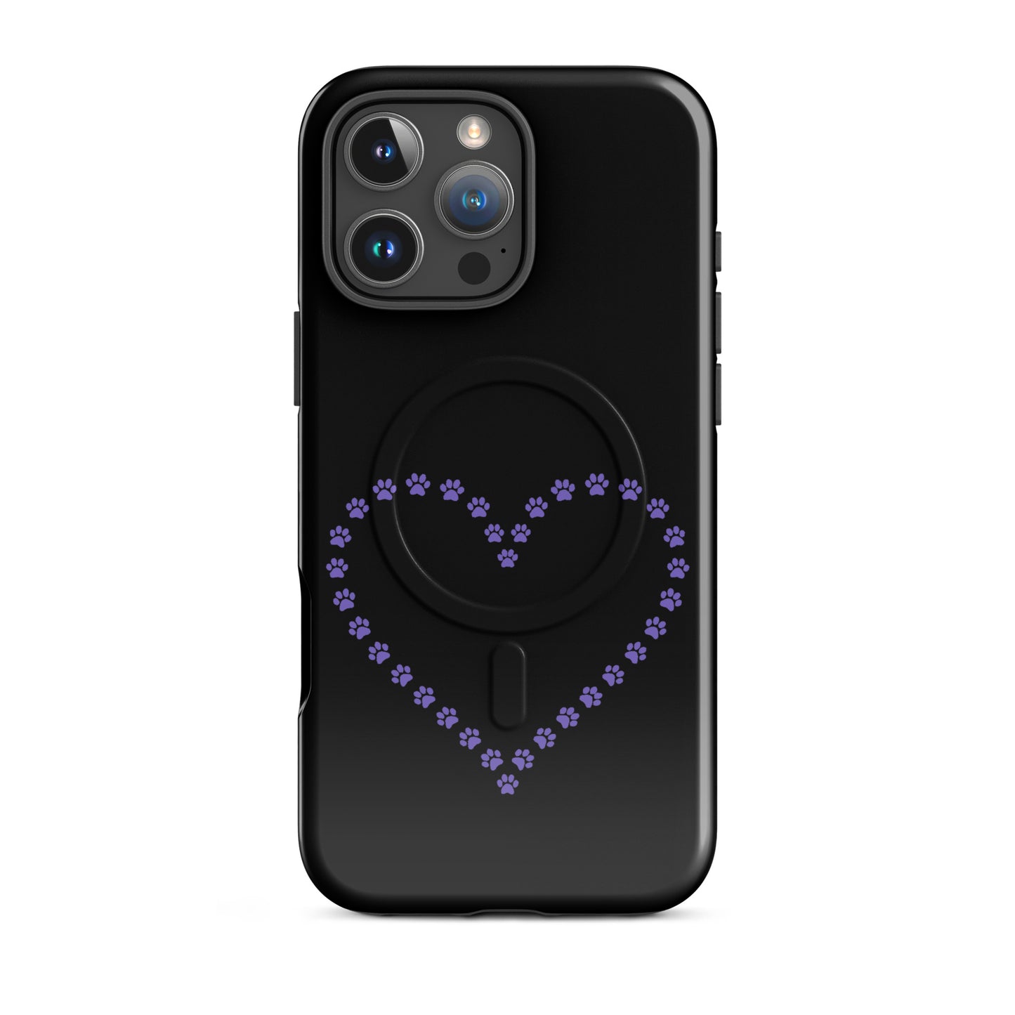 Magnetic Phone Case with purple paw print heart design for pet lovers, fits iPhone, black/purple color, protective and stylish.