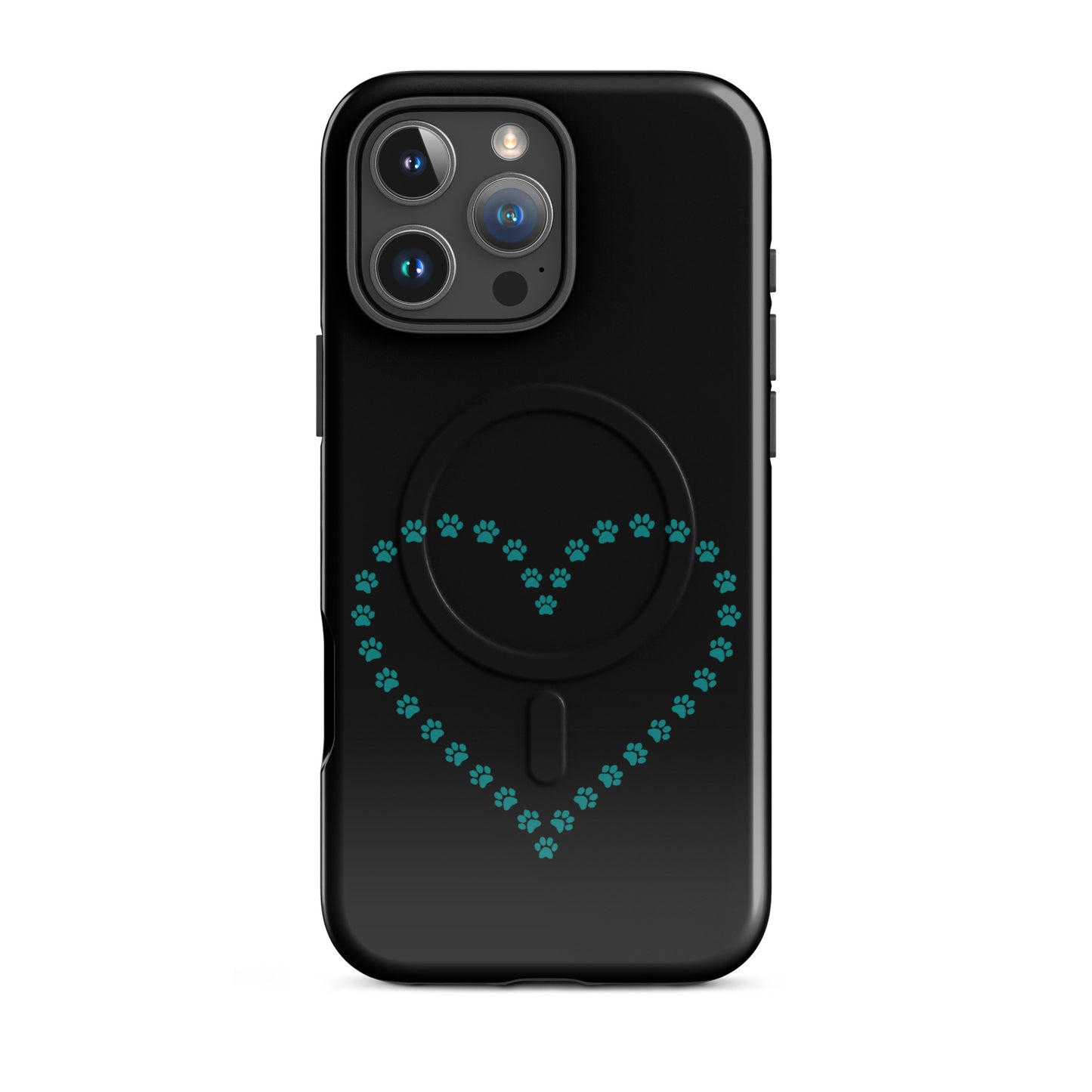 Magnetic Phone Case with teal paw print heart design for iPhone, perfect for pet lovers, black color