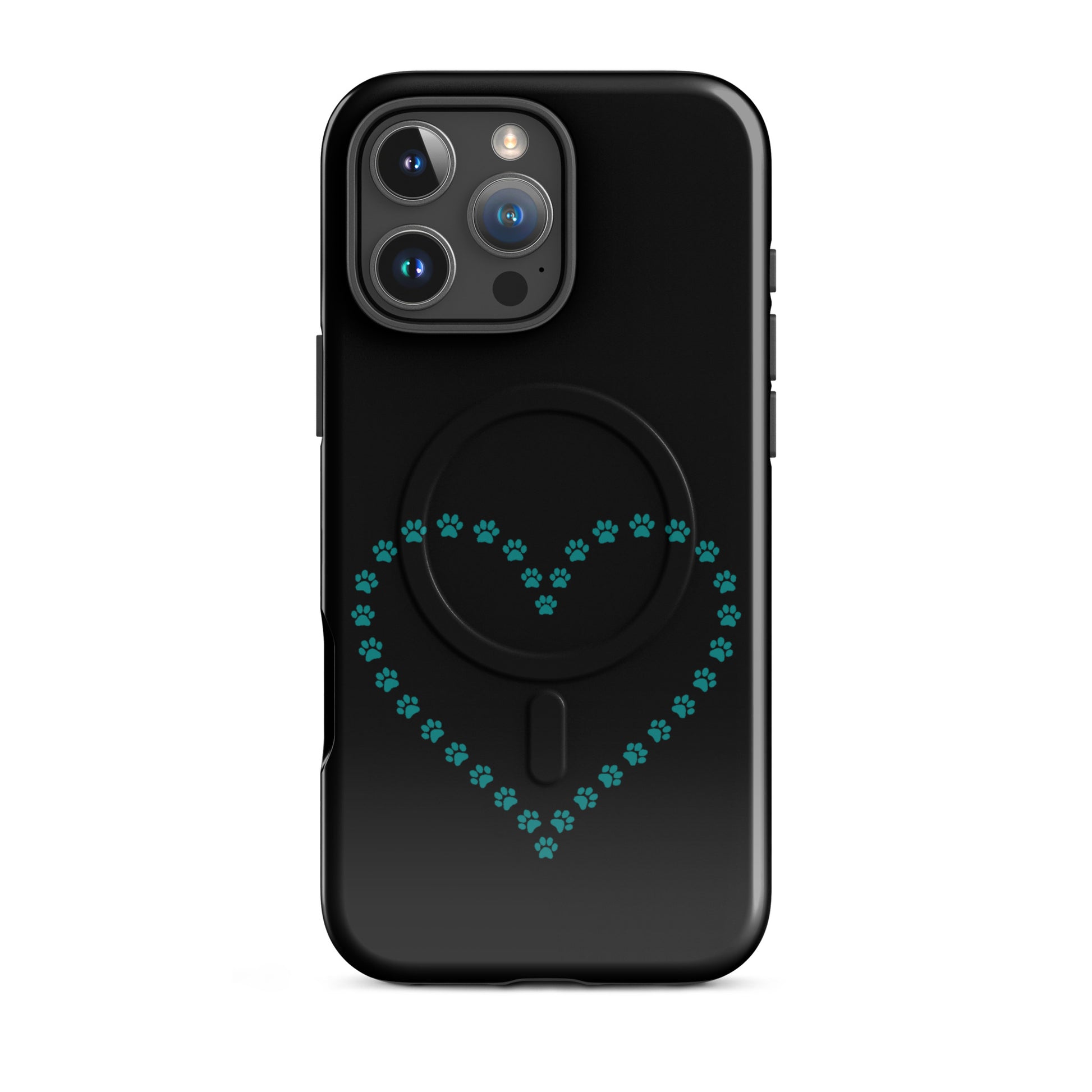 Magnetic Phone Case with teal paw print heart design for iPhone, perfect for pet lovers, black color