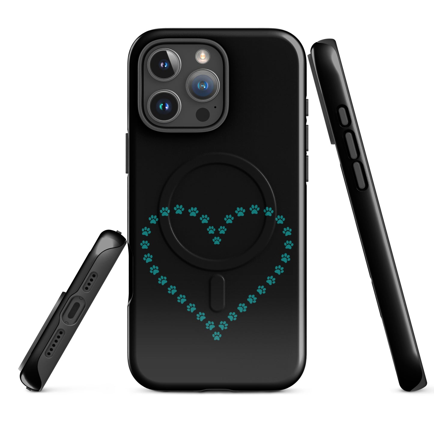 Magnetic Phone Case with paw print heart design in black and teal for pet lovers, featuring protective features for iPhone.