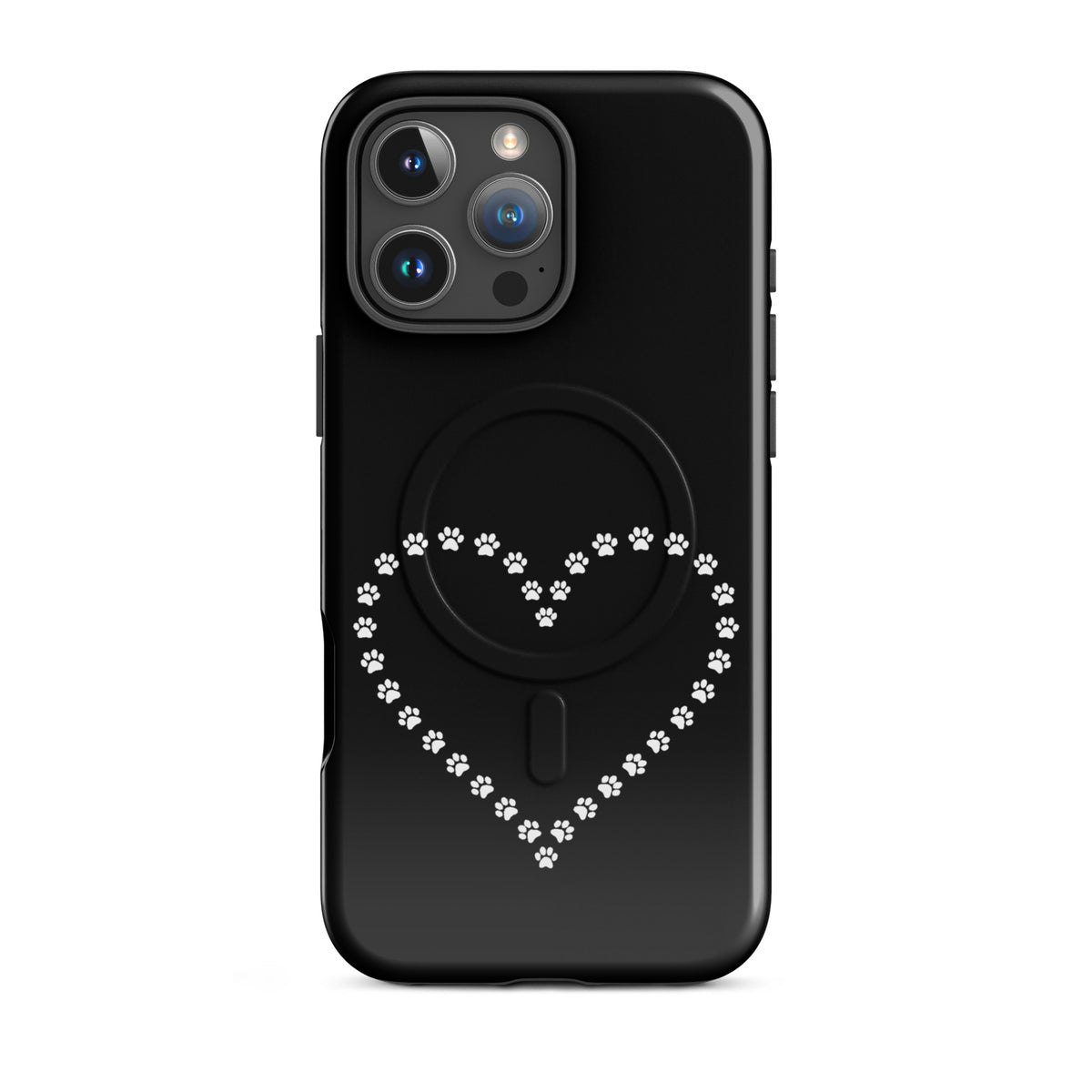Magnetic Phone Case with heart paw print design for iPhone, black and white, perfect for pet lovers seeking charm and protection.