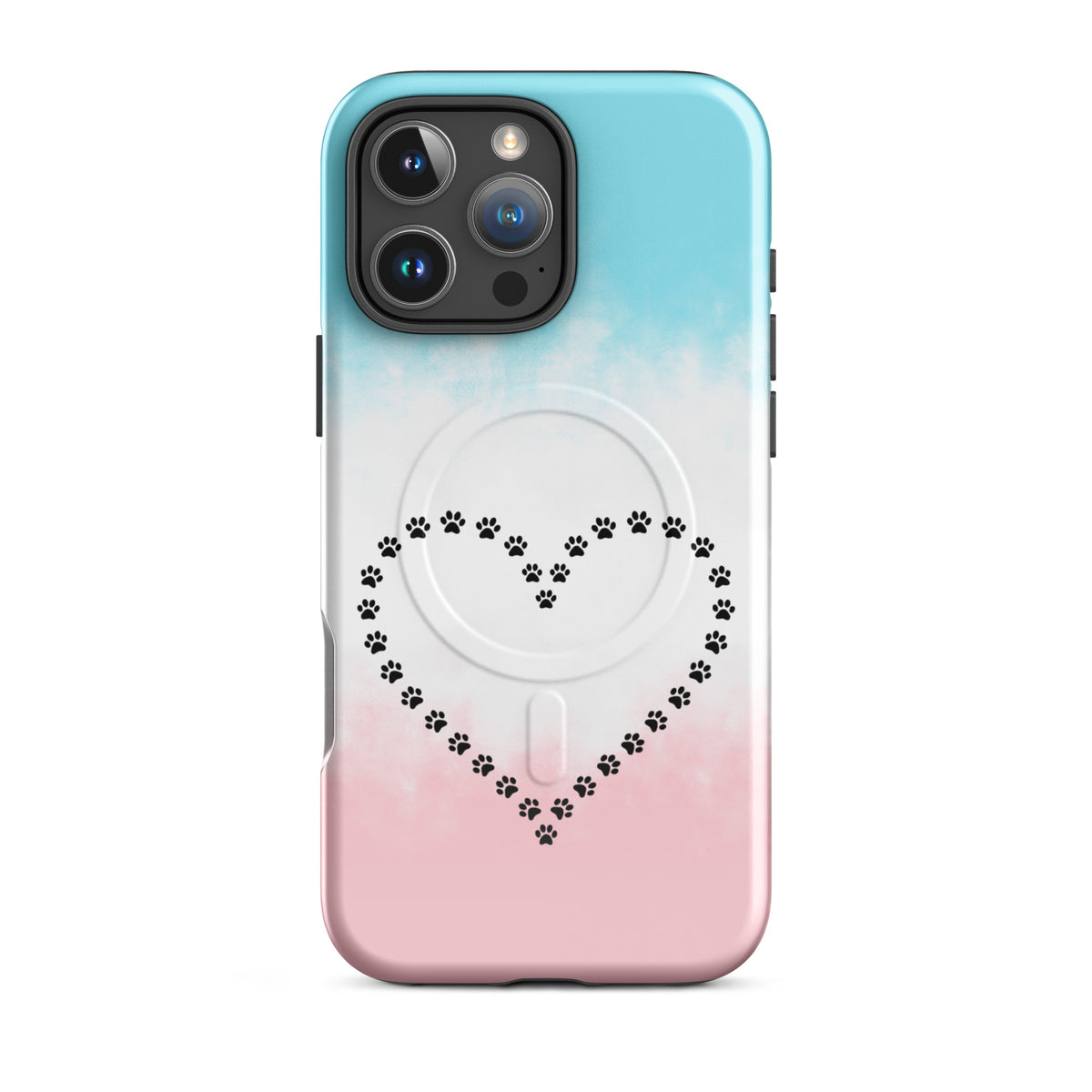 Magnetic Phone Case with paw print heart design in blue, white, and pink for pet lovers. Ideal for iPhone users seeking charm and protection.