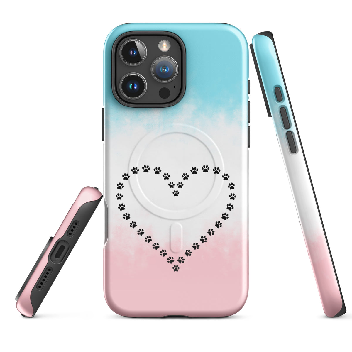 Magnetic Phone Case with blue, white, pink paw print heart design for pet lovers, iPhone accessory.