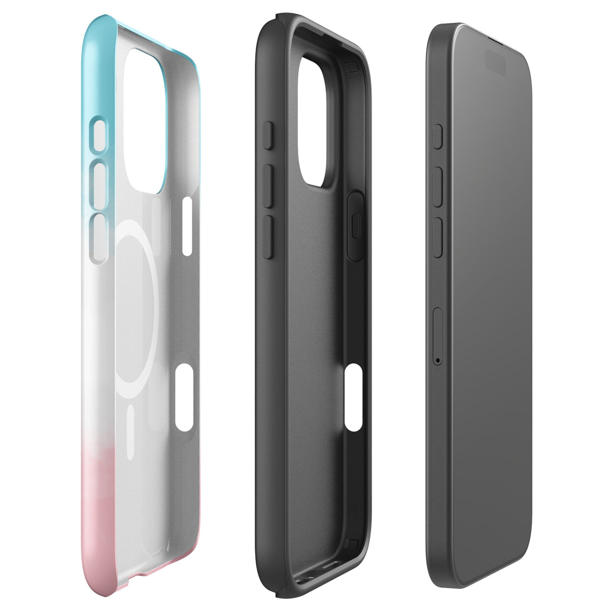 Magnetic Phone Case with Paw Print Heart Design for iPhone in Blue, White, Pink - Side and Back Views