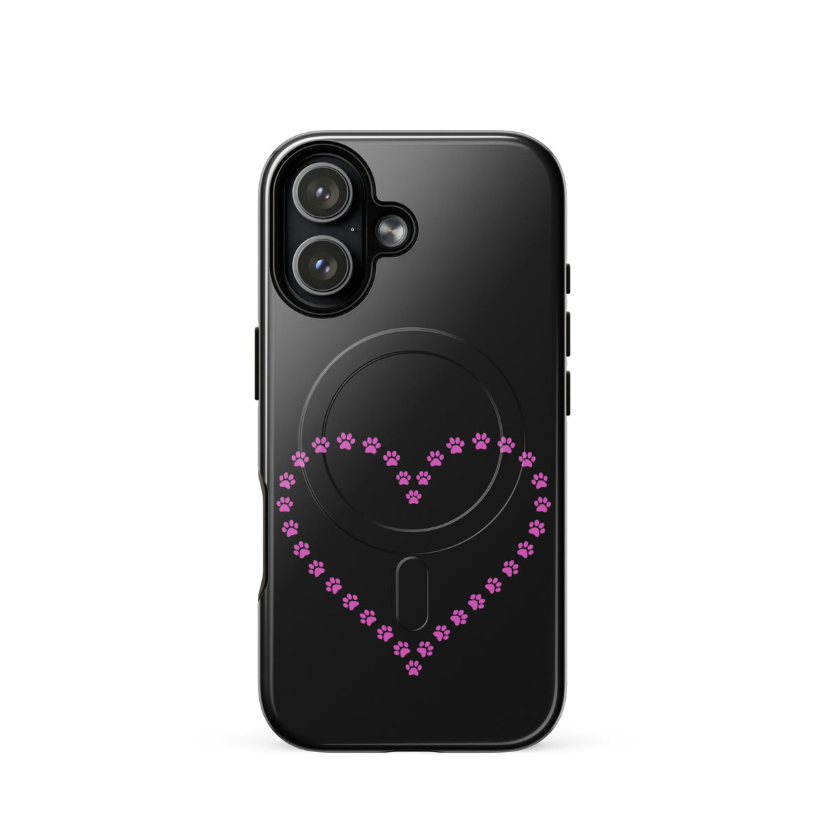 Magnetic Phone Case for iPhone with pink paw print heart design, perfect for pet lovers. Black case with playful charm and protection.
