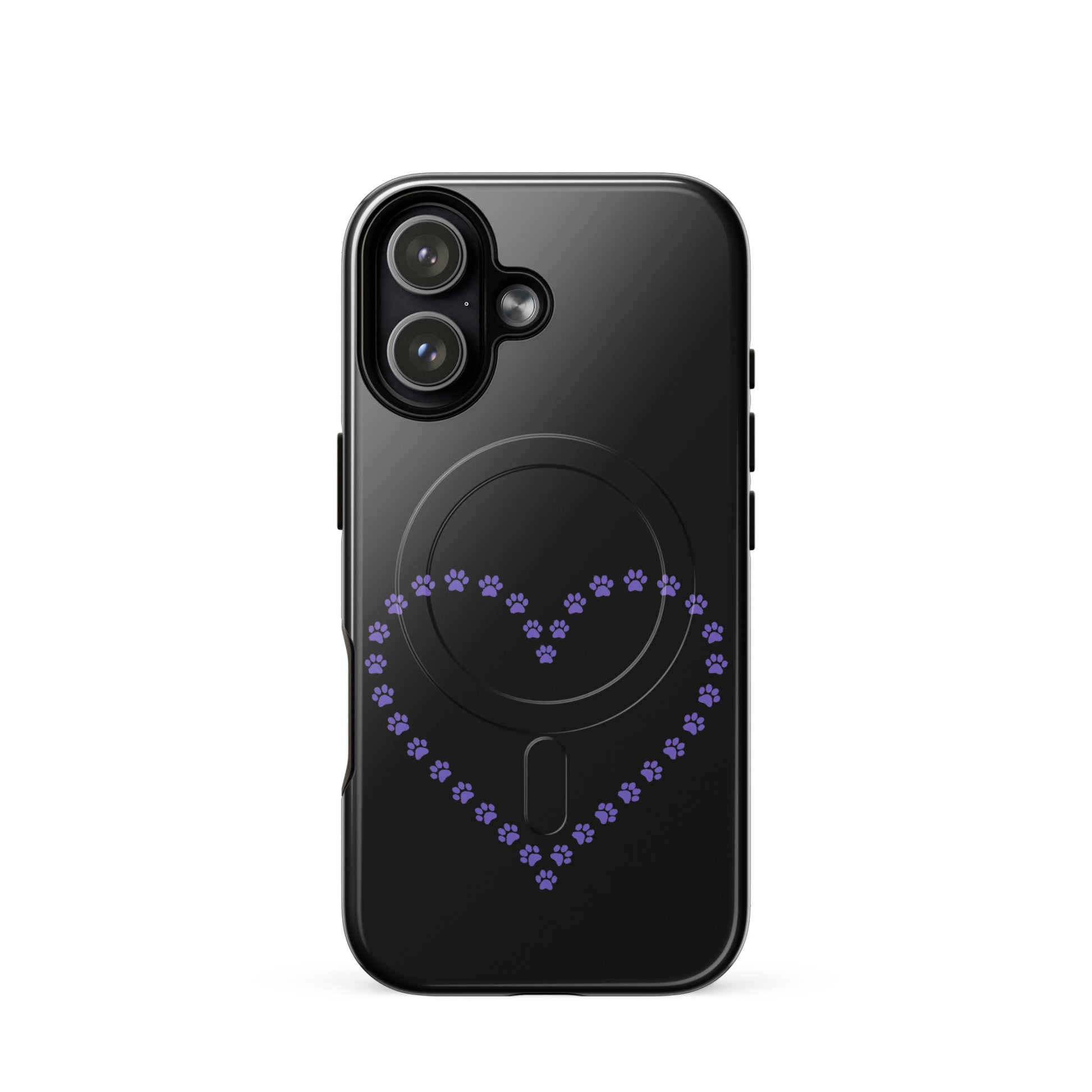 Magnetic Phone Case with black and purple paw print heart design for pet lovers in black shade.