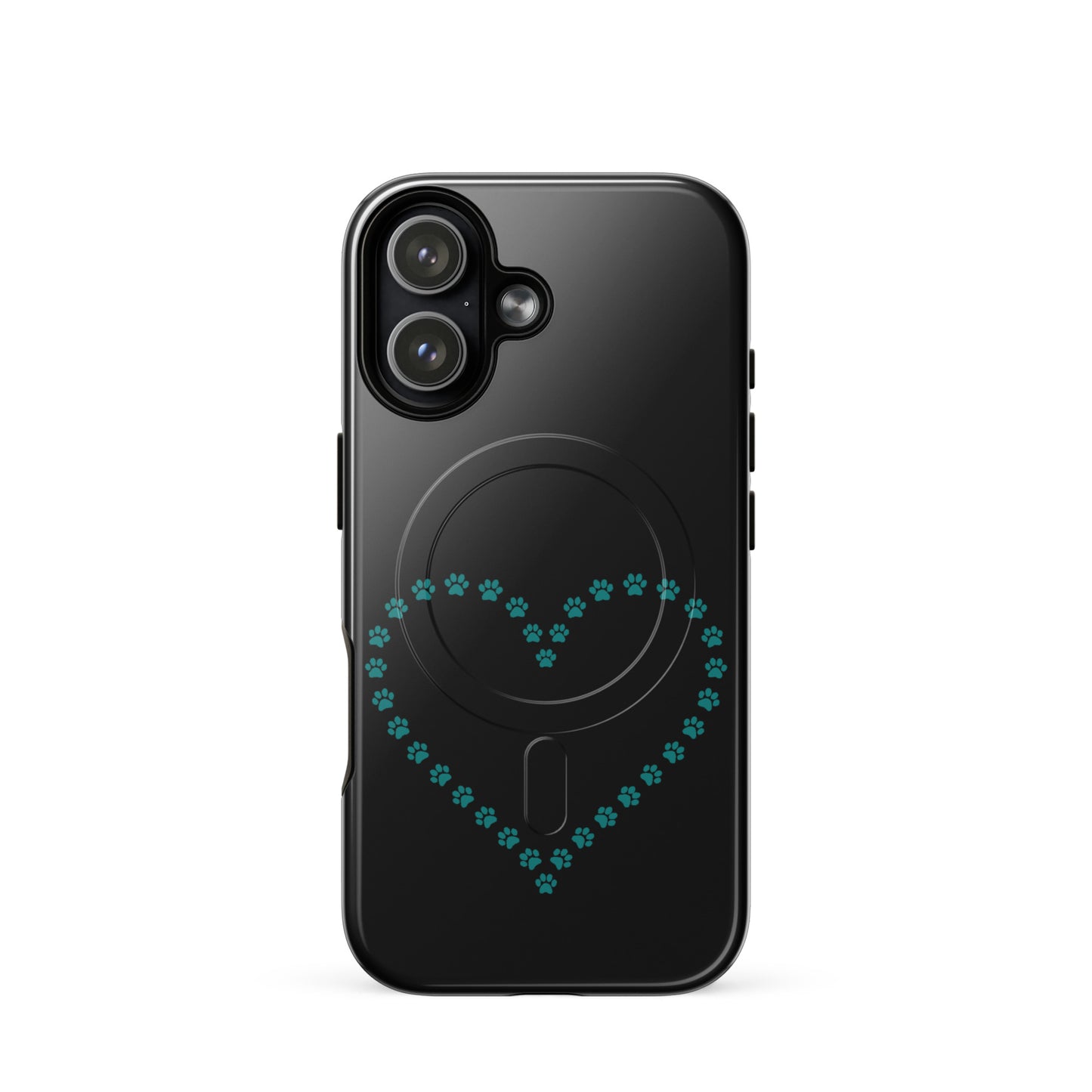 Magnetic Phone Case with black design, teal paw print heart, perfect for pet lovers who own iPhone, minimalistic animal style case