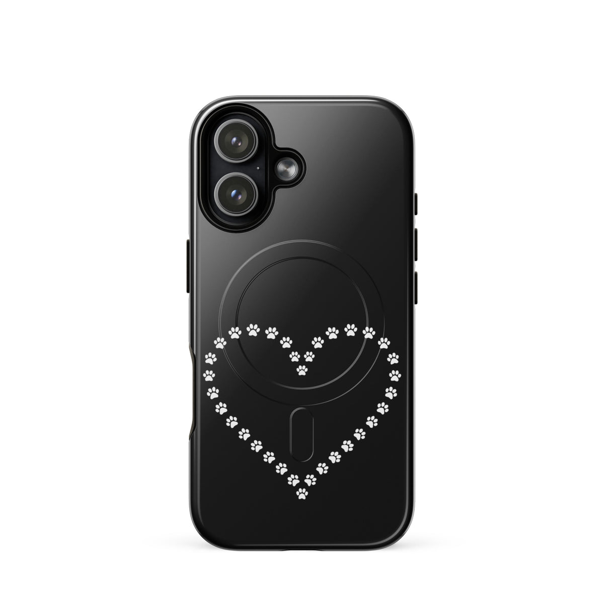 Magnetic Phone Case for iPhone with paw print heart design in black and white, perfect for pet lovers seeking style and protection.