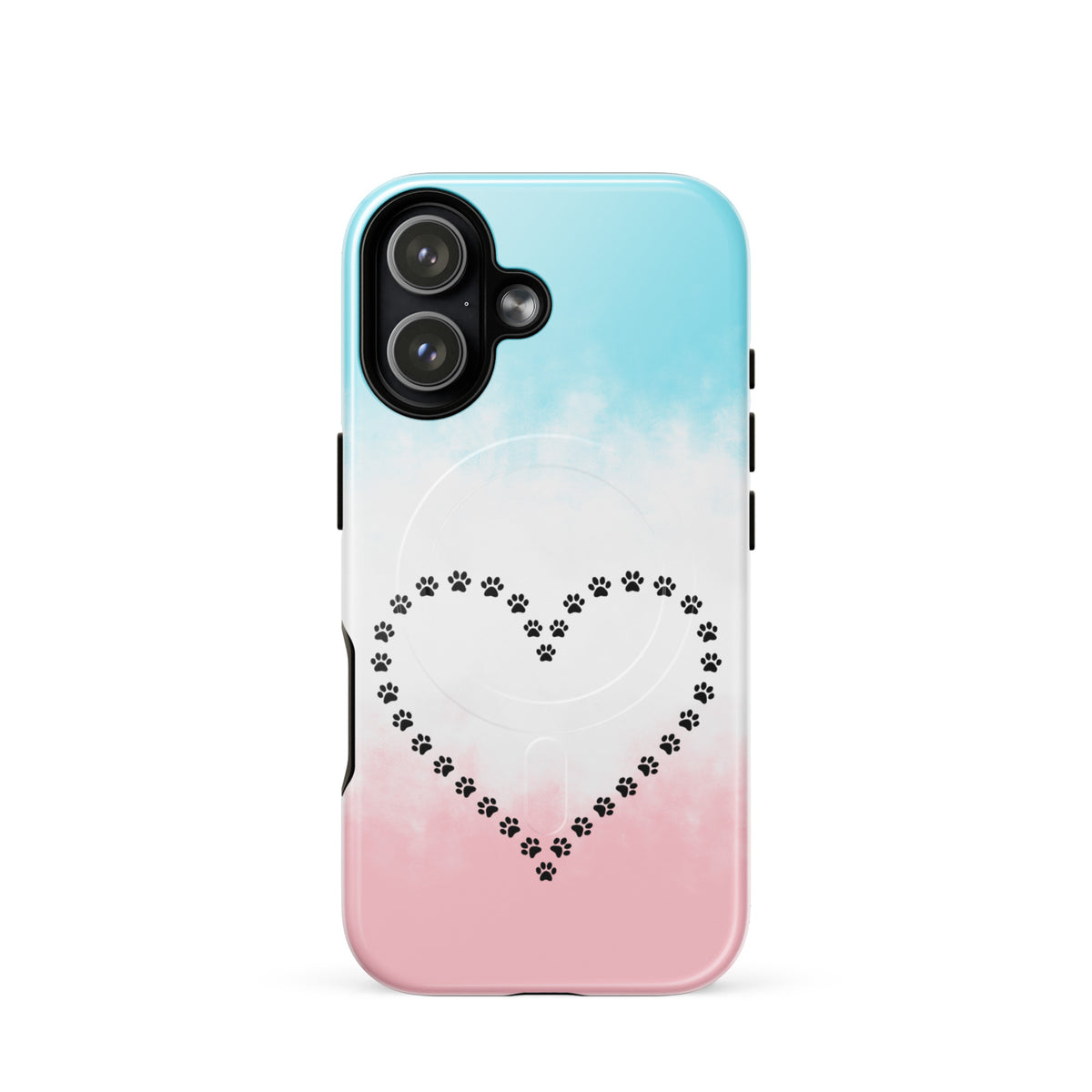 Magnetic Phone Case for iPhone with paw print heart design in blue, white, and pink for pet lovers.