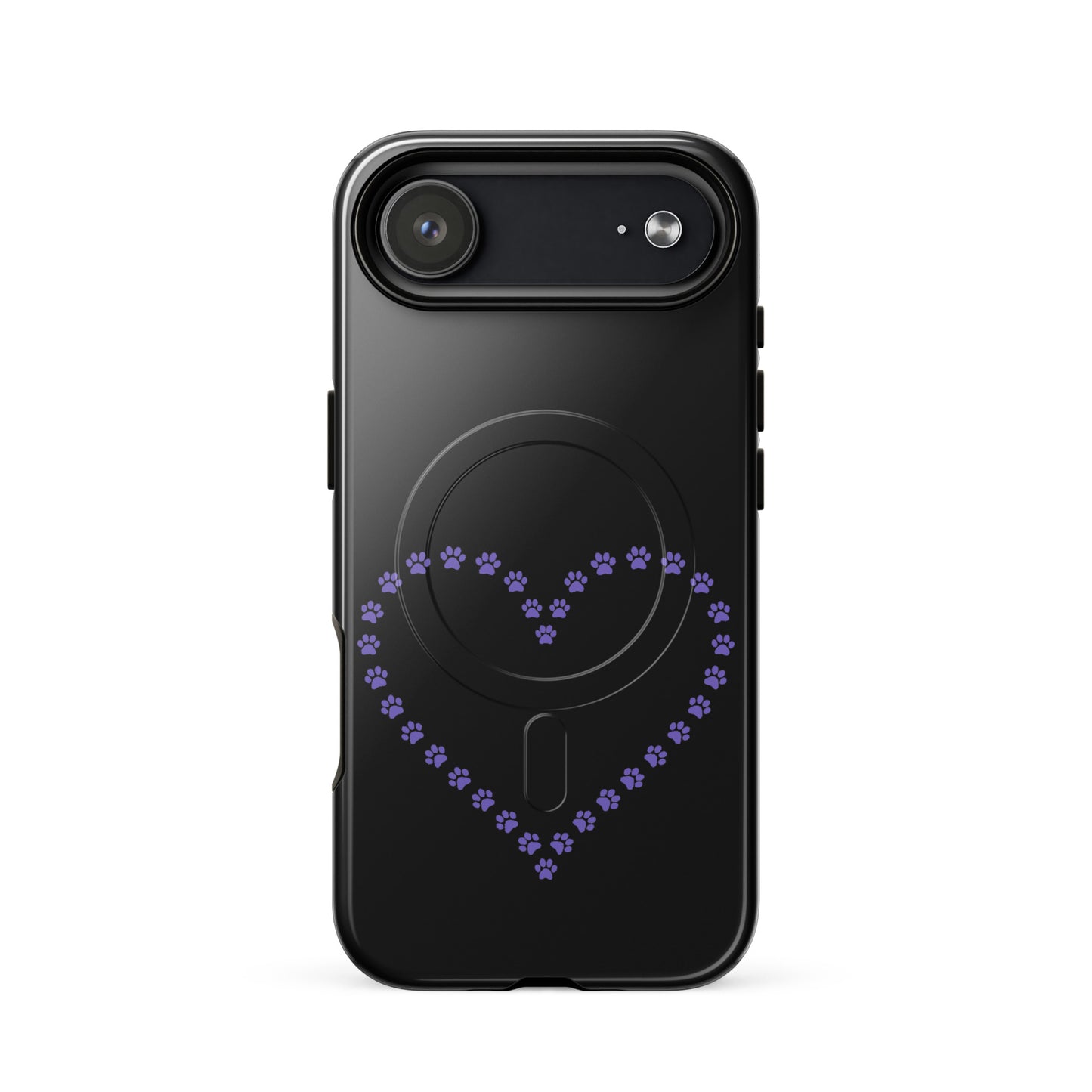 Magnetic Phone Case for iPhone with black and purple paw print heart design, perfect for pet lovers seeking style and protection.