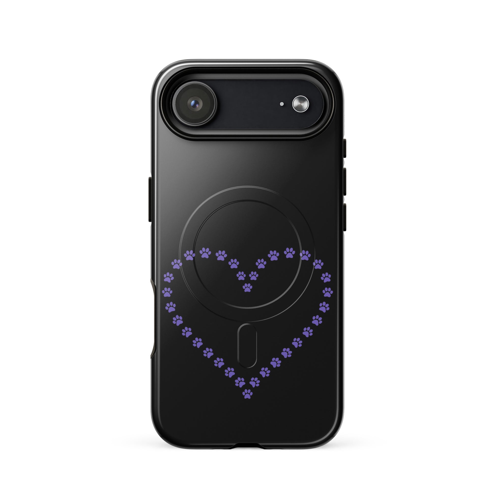 Magnetic Phone Case for iPhone with black and purple paw print heart design, perfect for pet lovers seeking style and protection.