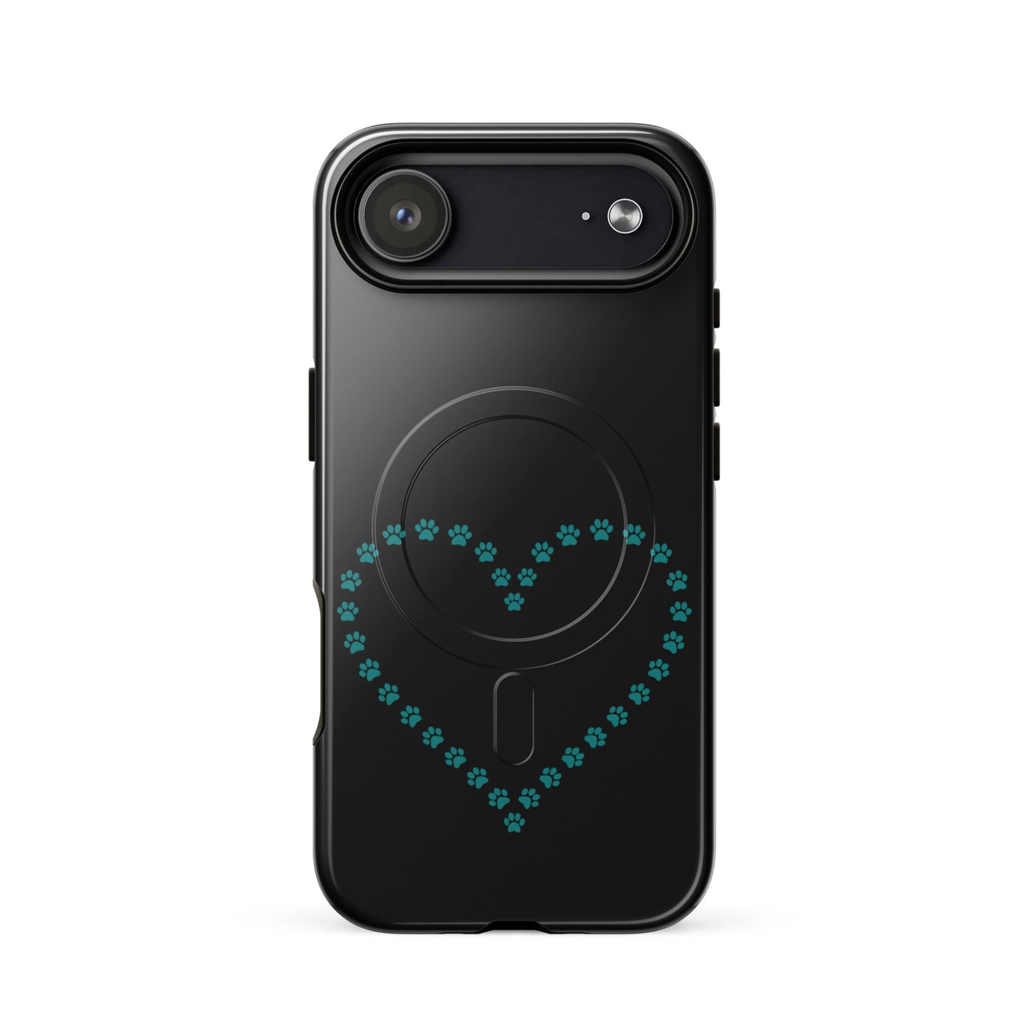 Magnetic Phone Case with paw print heart design for iPhone, in black and teal, perfect for pet lovers seeking style and protection.