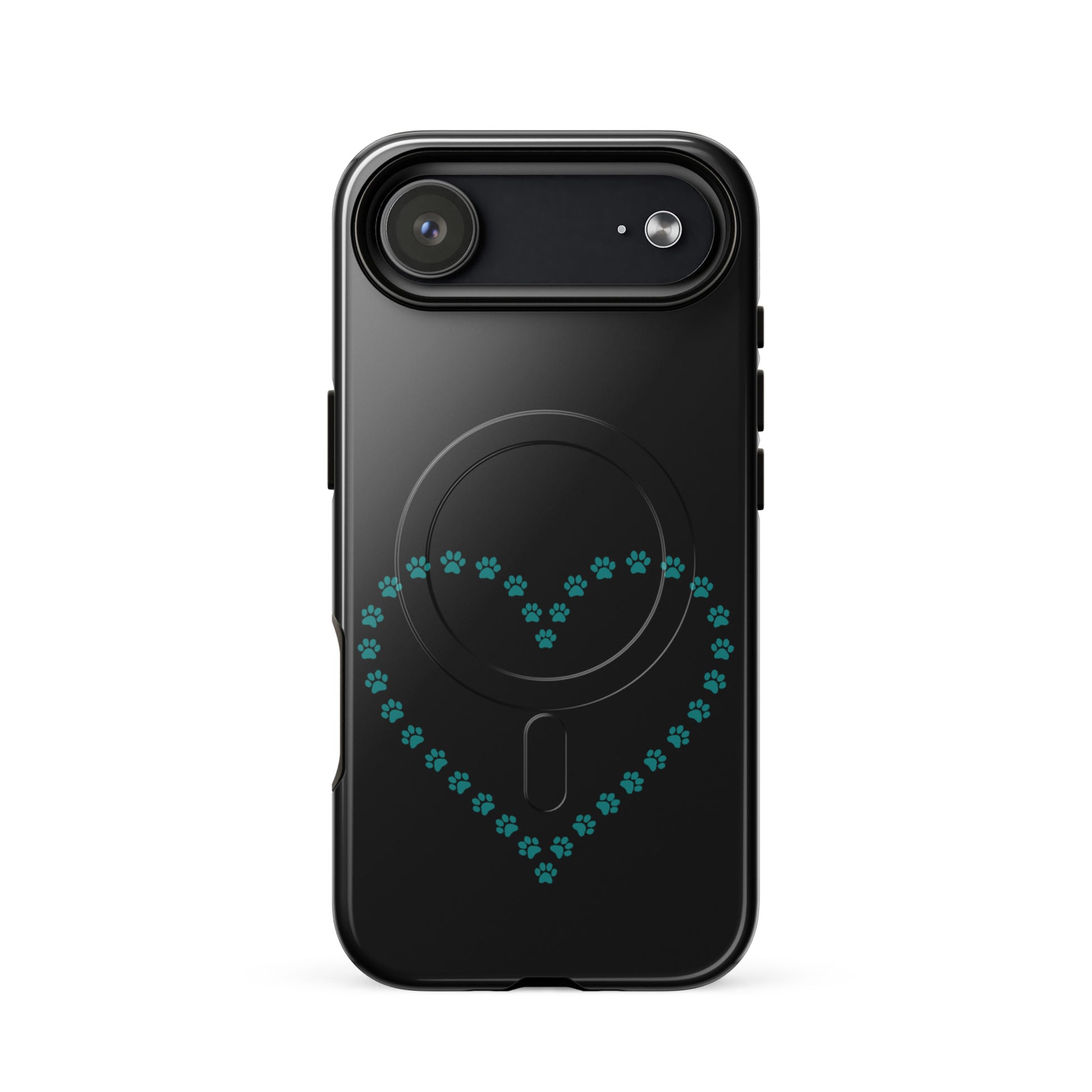 Magnetic Phone Case with paw print heart design for iPhone, in black and teal, perfect for pet lovers seeking style and protection.
