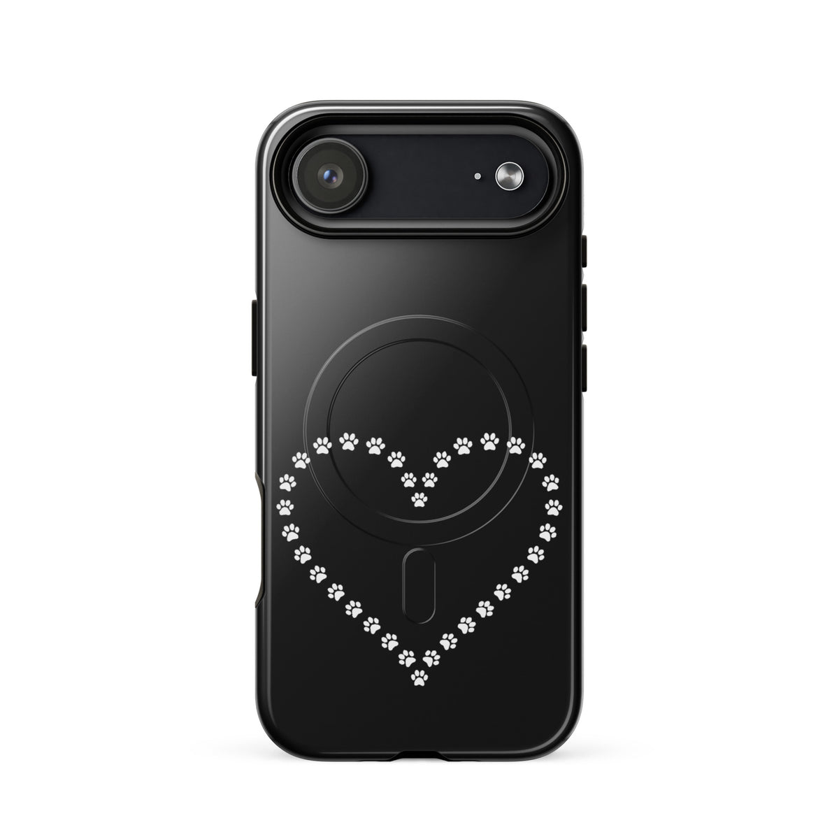 Magnetic Phone Case with paw print heart design for pet lovers, black and white, iPhone accessory.