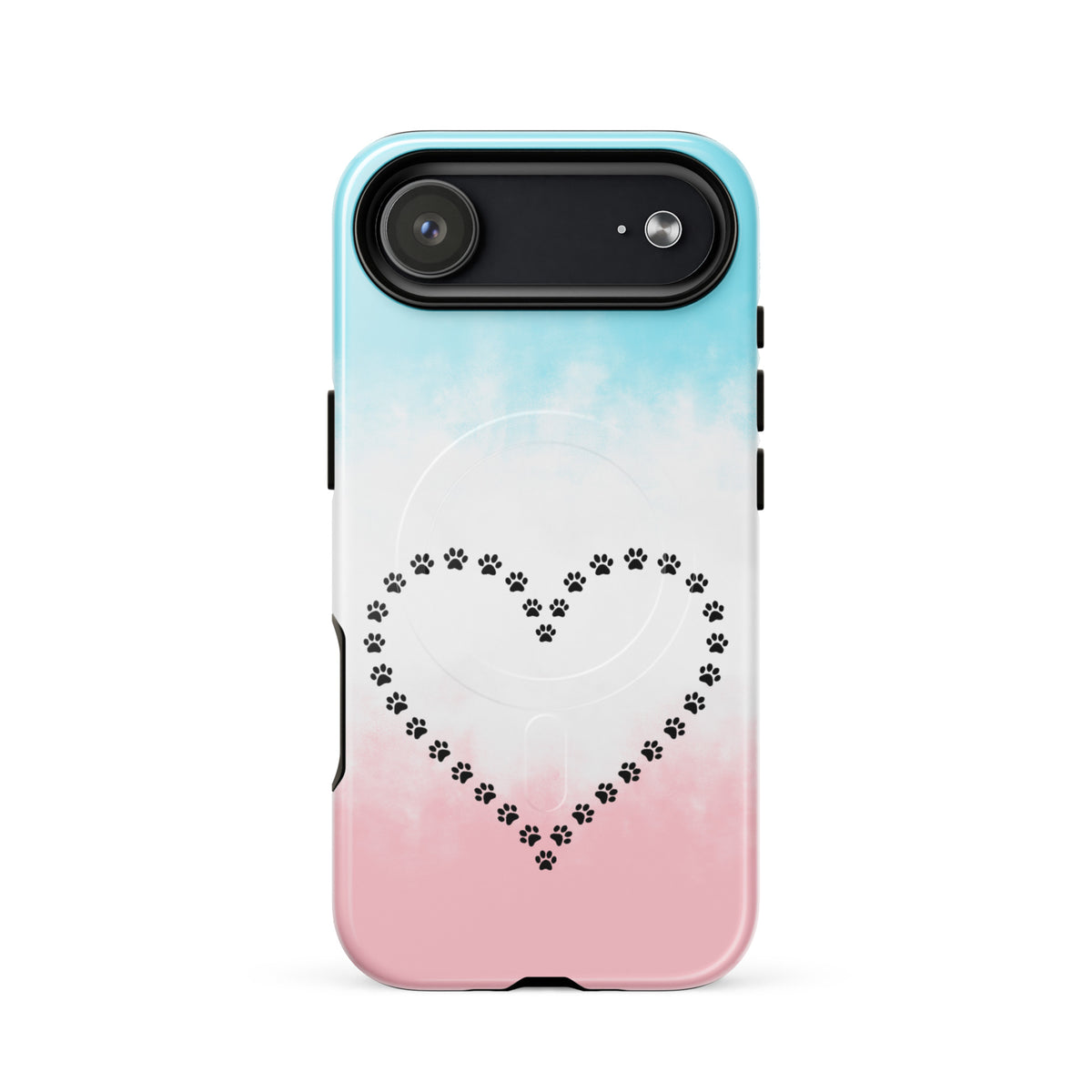 Magnetic Phone Case for iPhone in blue, white, and pink with paw print heart design, perfect for pet lovers seeking style and protection.
