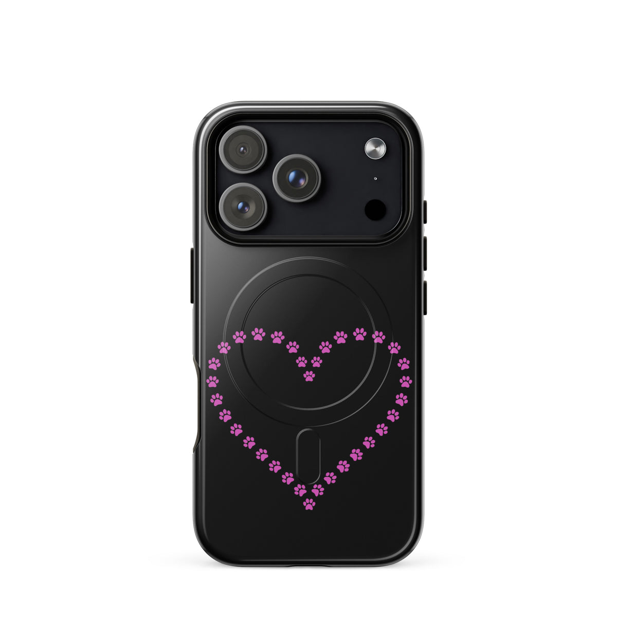 Magnetic Phone Case with pink paw print heart design for pet lovers, fits iPhone, in black color.