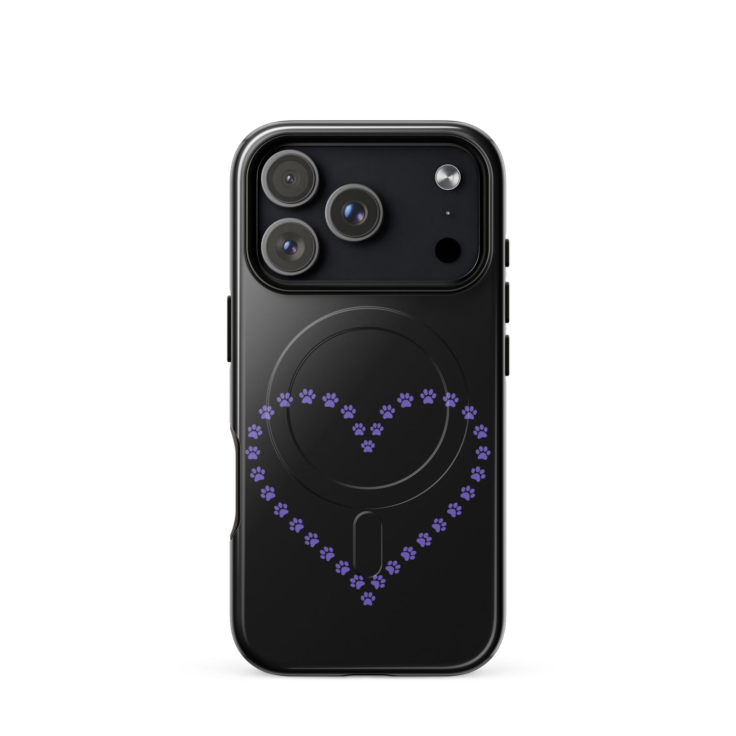 Magnetic Phone Case with paw print heart design in black and purple for iPhone, perfect for pet lovers seeking style and protection.