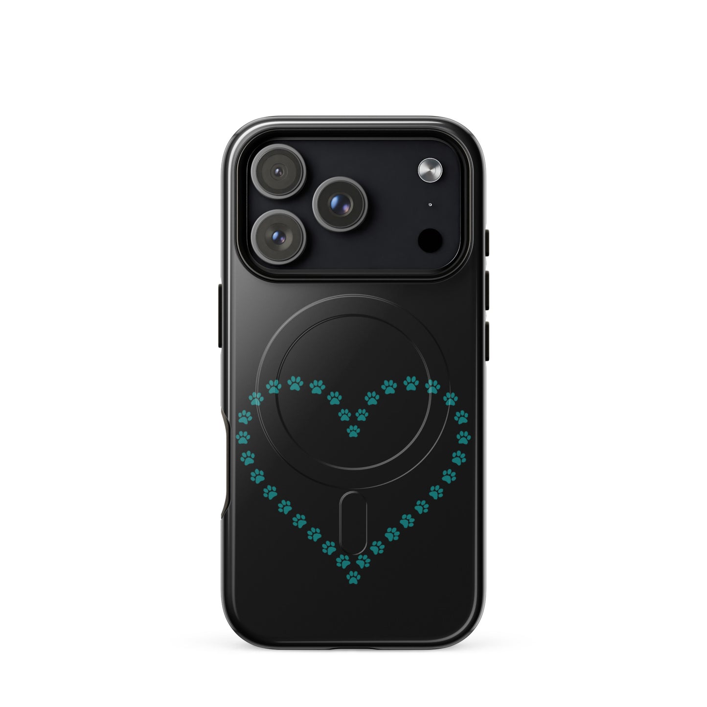 Magnetic Phone Case with black and teal paw print heart design for pet lovers, fits iPhone, adds style and protection.