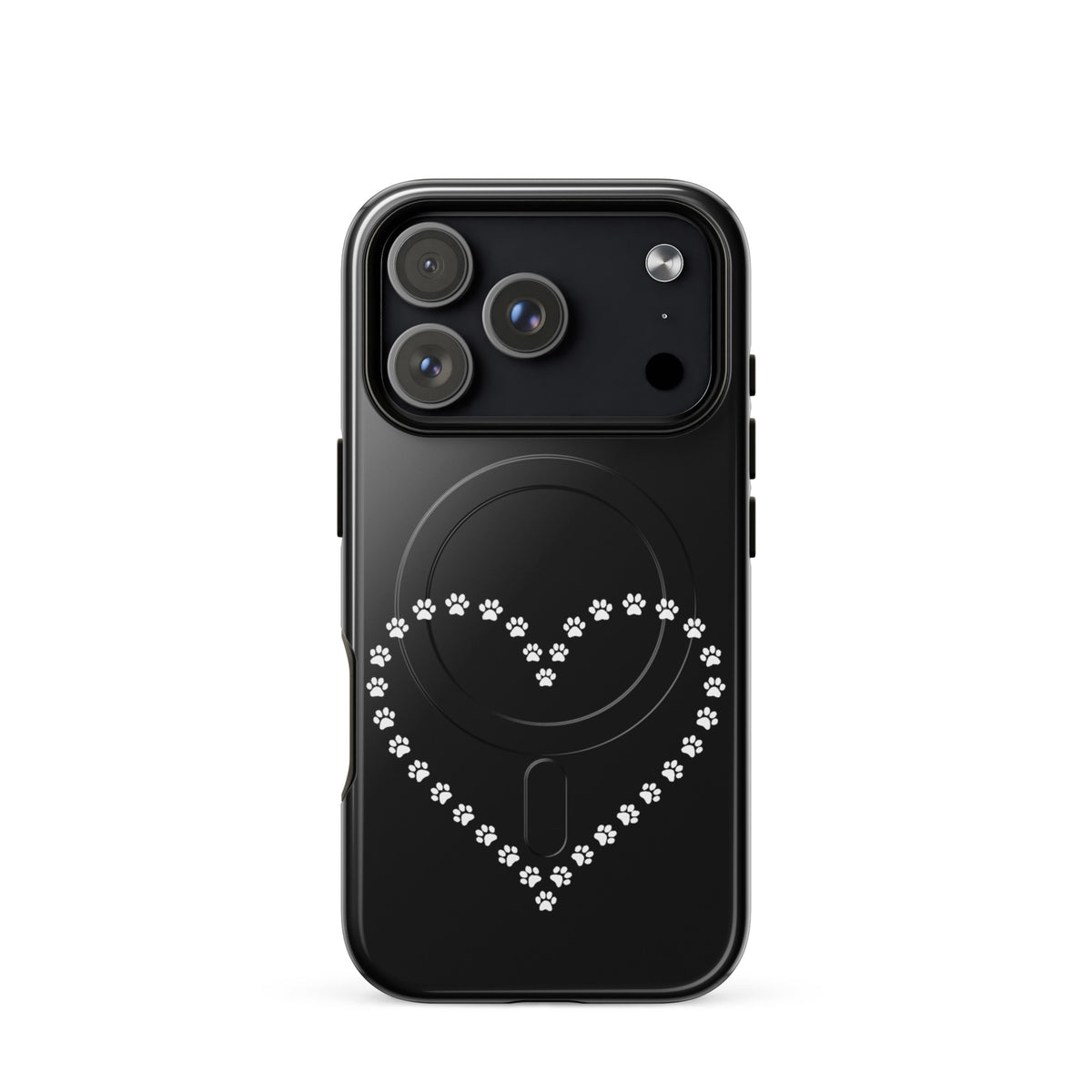 Magnetic Phone Case for iPhone with black and white paw print heart design, perfect for pet lovers seeking protection and style.