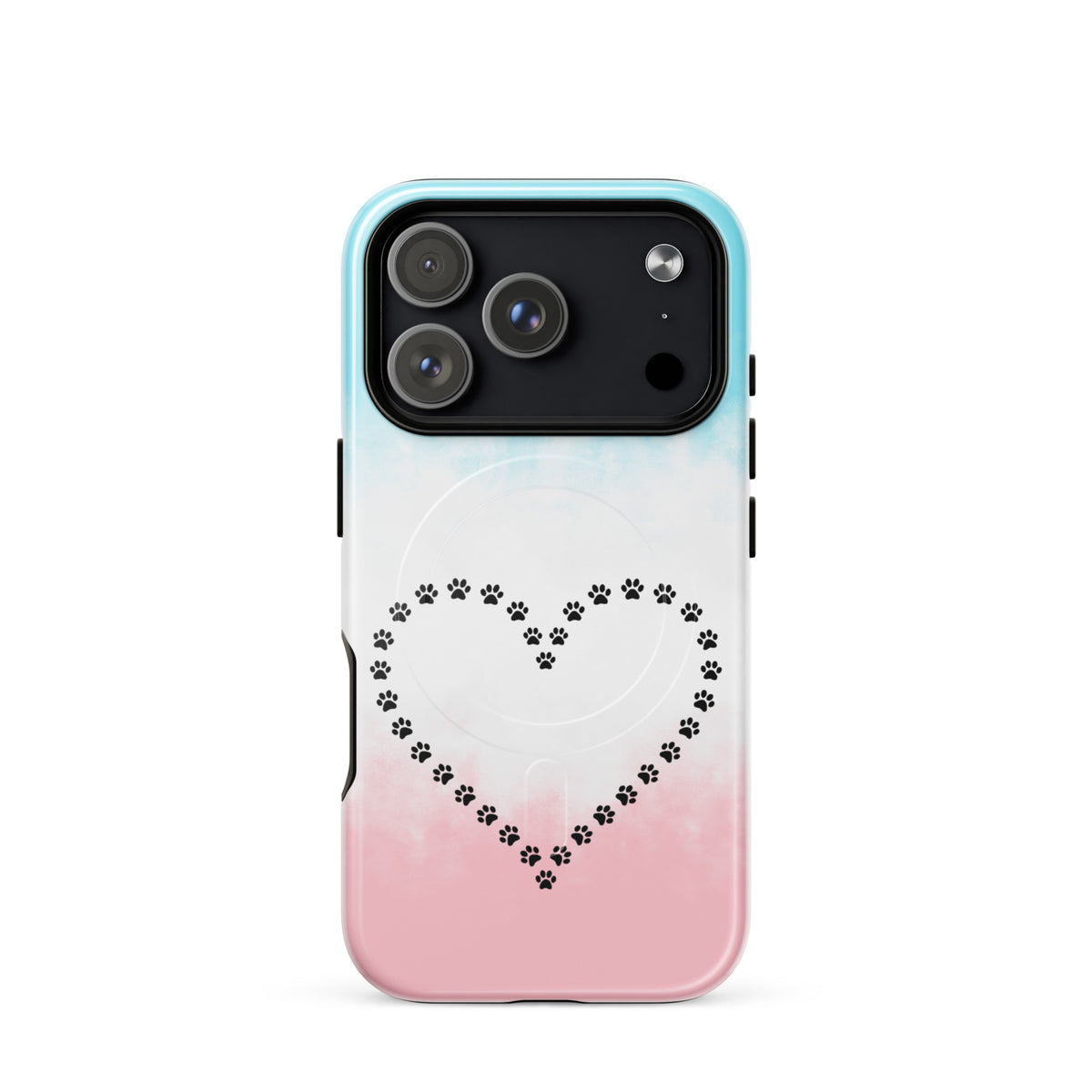 Magnetic Phone Case for iPhone with paw print heart design in blue, white, and pink for pet lovers.