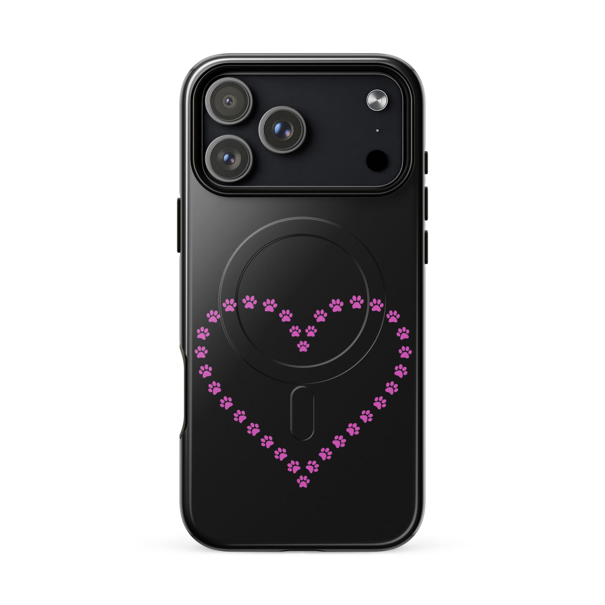 Magnetic Phone Case with pink paw print heart design for iPhone, perfect for pet lovers. Black case combines style and protection.