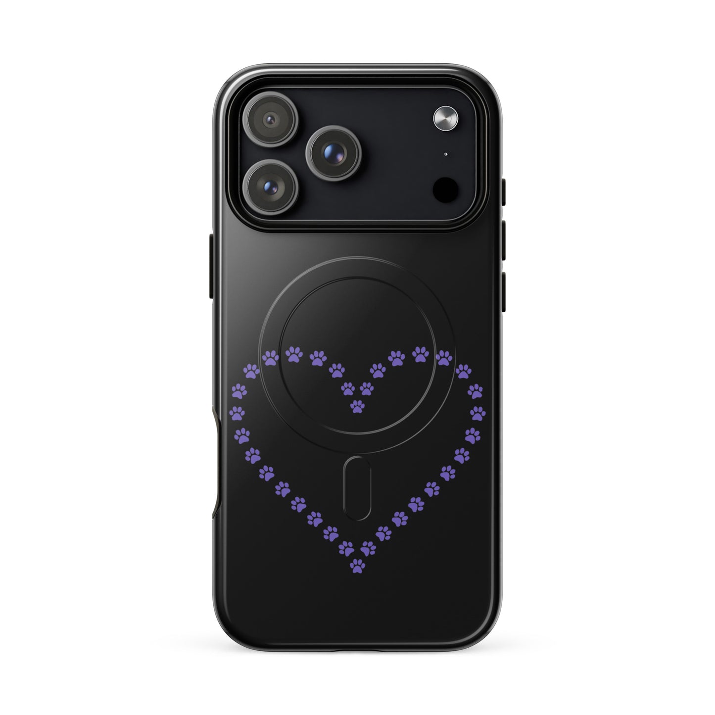 Black Magnetic Phone Case with purple paw print heart design for iPhone, ideal for pet lovers.