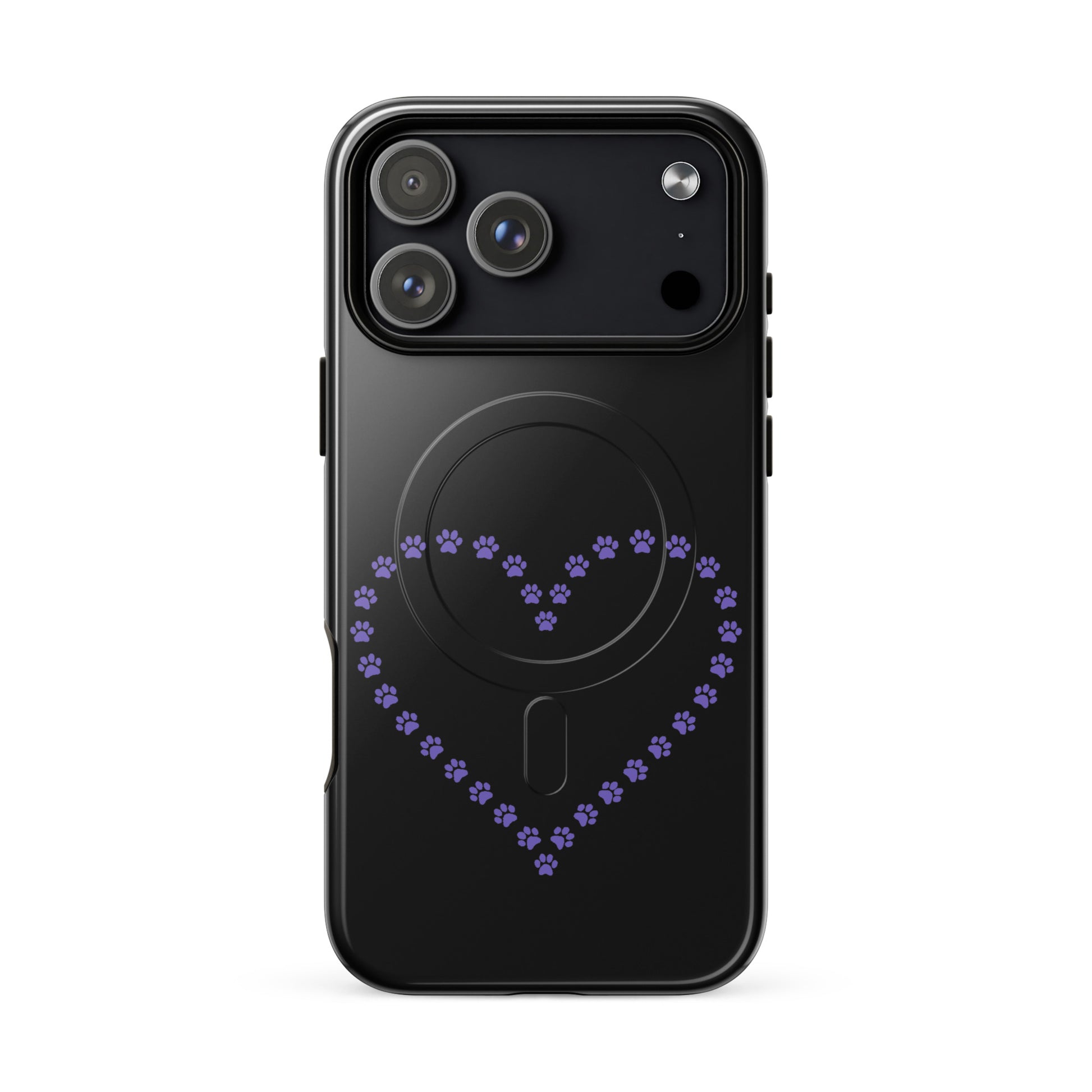 Black Magnetic Phone Case with purple paw print heart design for iPhone, ideal for pet lovers.