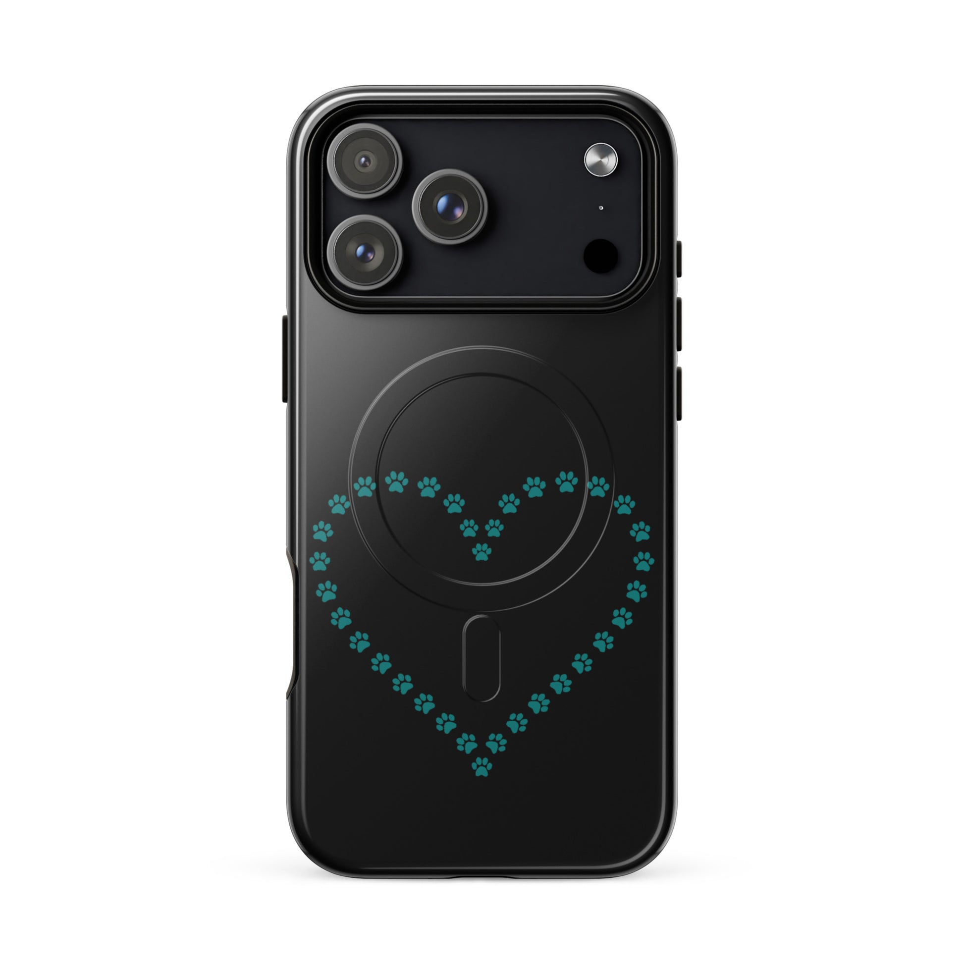 Magnetic Phone Case with paw print heart design in black and teal, perfect for pet lovers with iPhone.