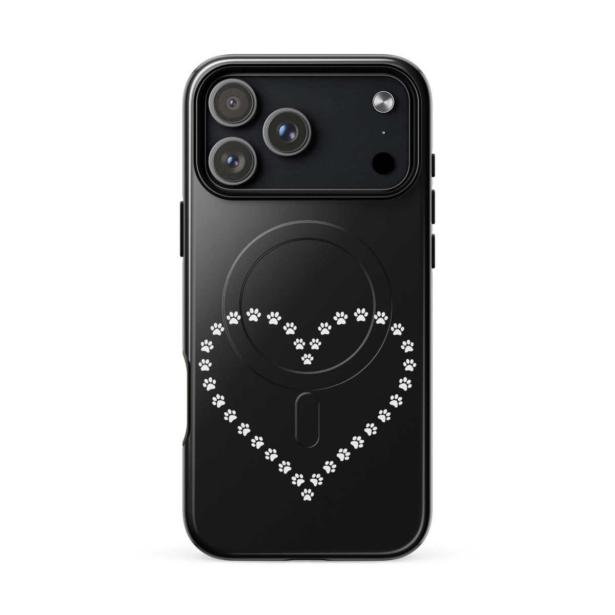 Magnetic Phone Case for iPhone with paw print heart design in black and white, perfect for pet lovers and minimal animal design fans.