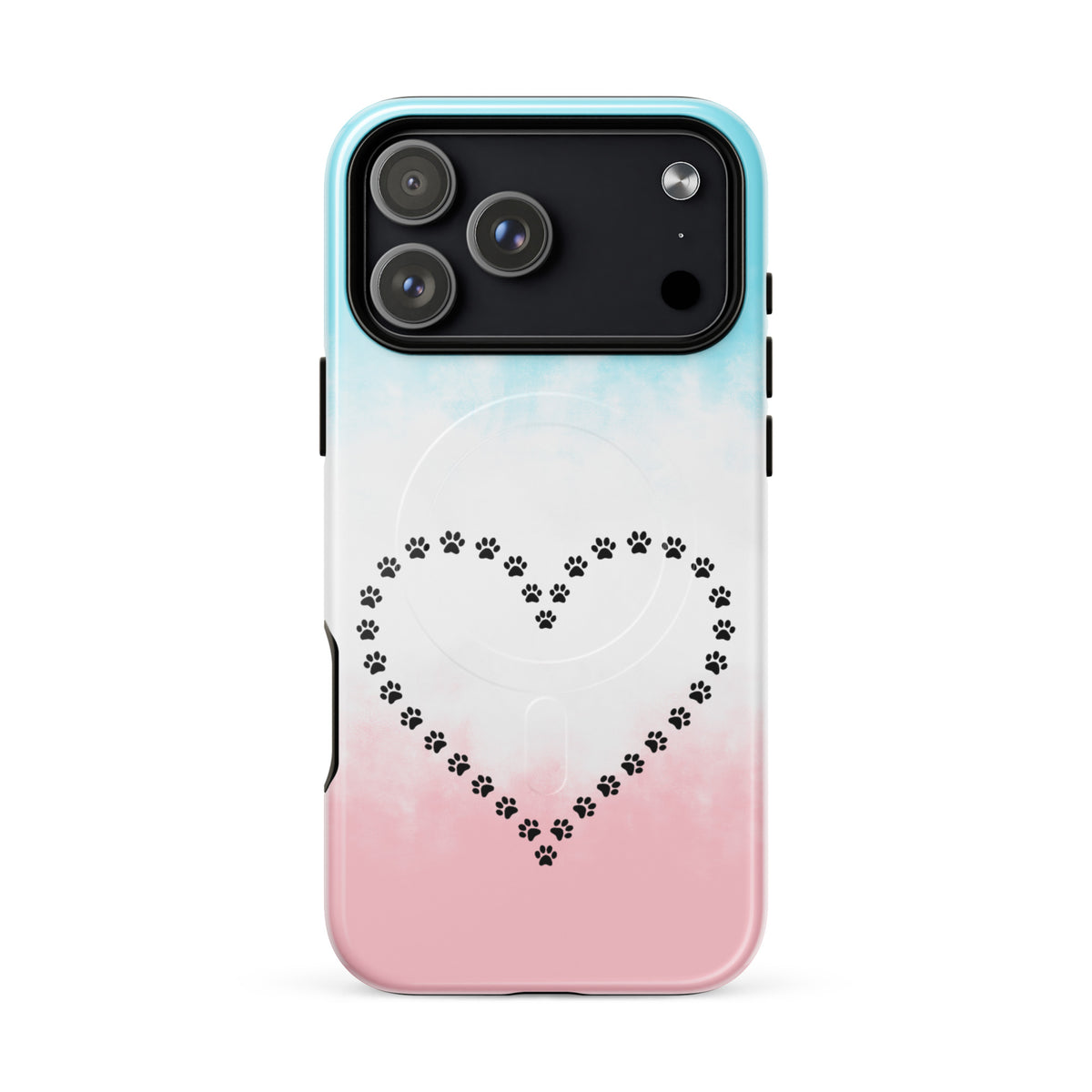 Magnetic Phone Case with paw print heart design in blue, white, pink for iPhone, ideal for pet lovers and animal enthusiasts.