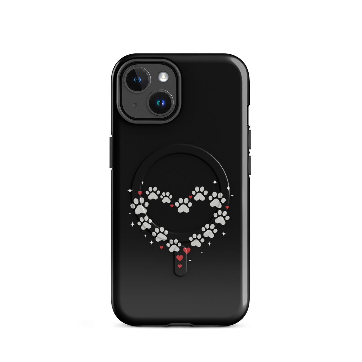 Magnetic Phone Case with paw-print heart design for iPhone, featuring a black backdrop and upscale protection.