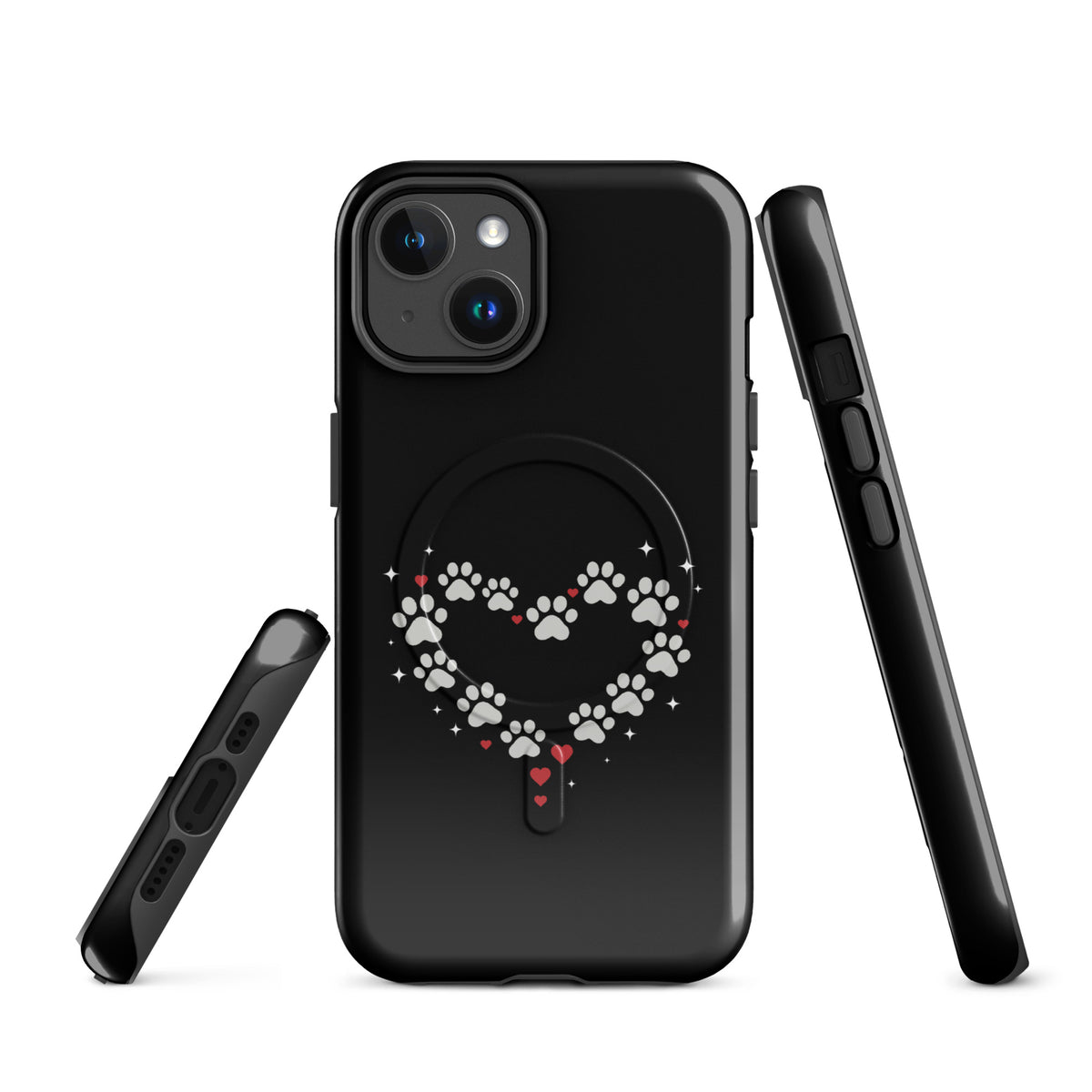 Magnetic Phone Case for iPhone with paw-print heart design on black background, showcasing animal love and luxury protection.