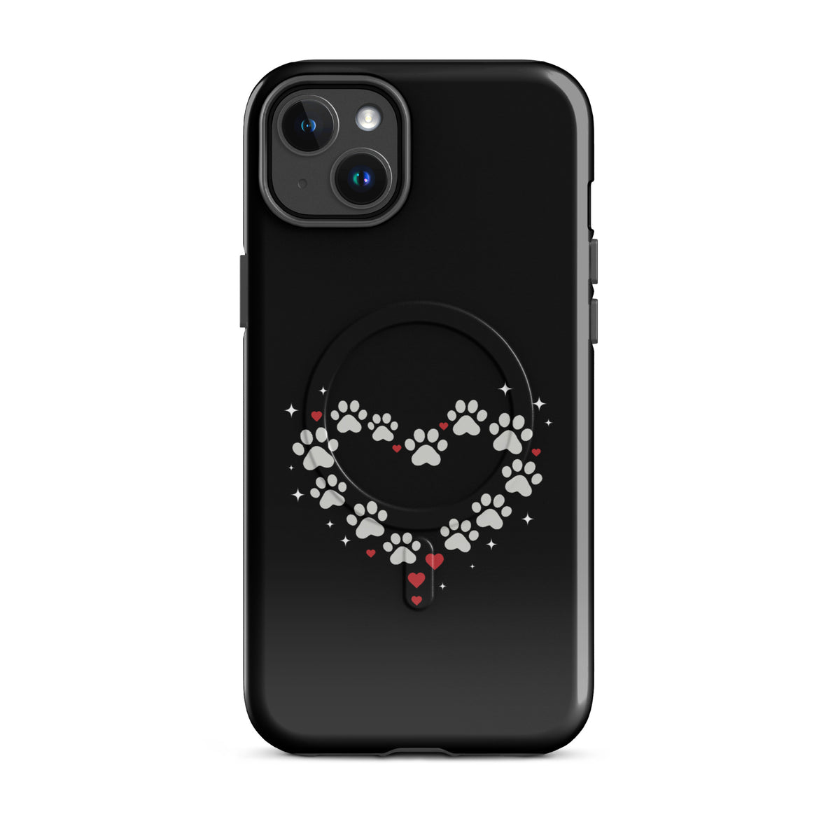 Magnetic Phone Case with paw-print heart design on black for iPhone, stylish and protective luxury accessory showcasing love for animals.