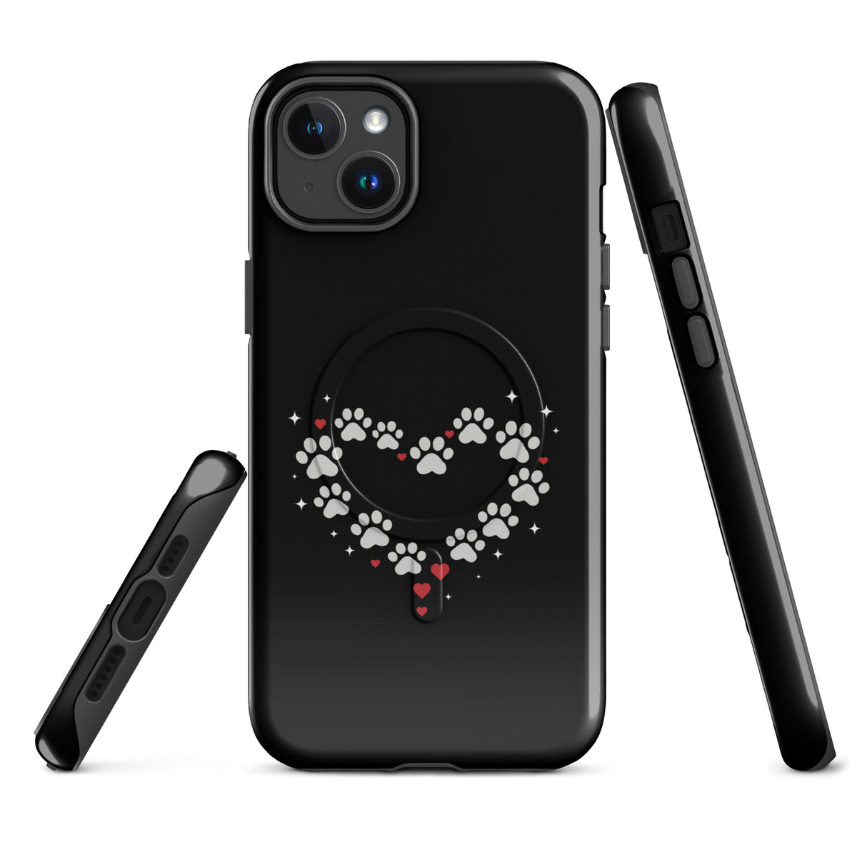 Magnetic Phone Case for iPhone with paw-print heart design on a black background, showcasing luxury and animal love.