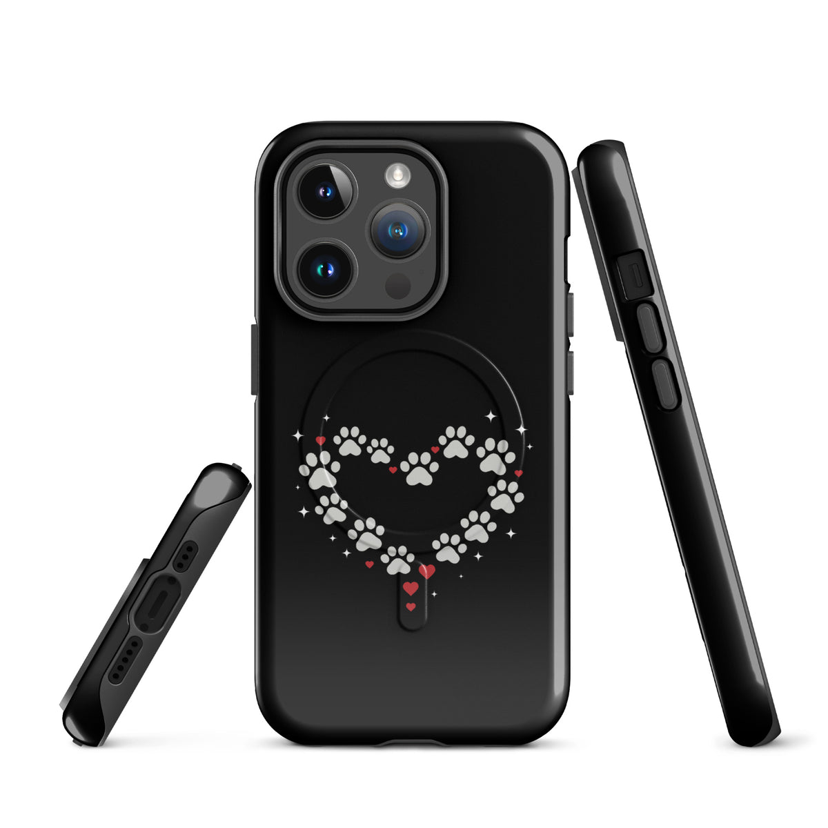 Magnetic Phone Case with paw-print heart design for iPhone showcasing animal love with luxury black finish.