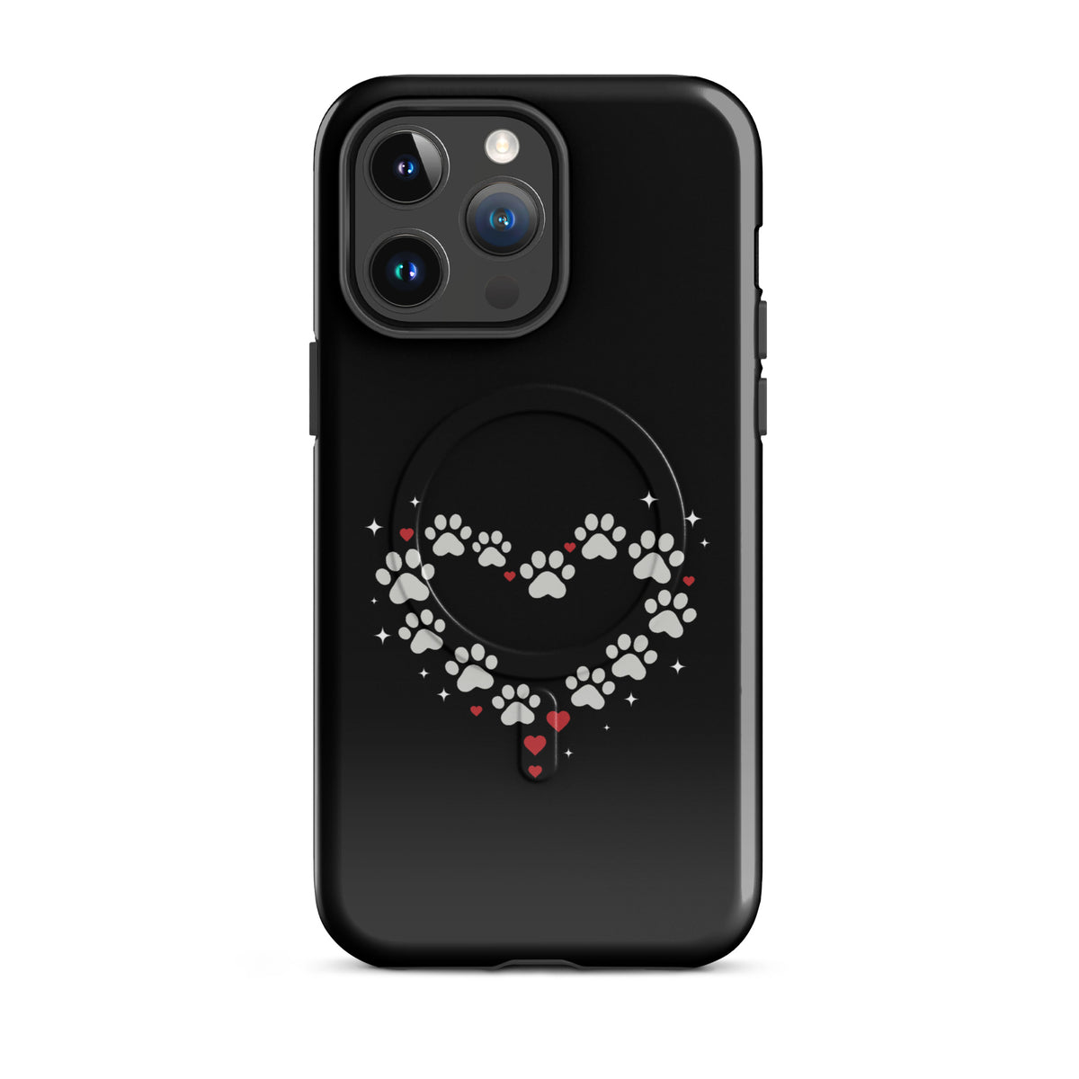 Magnetic Phone Case with paw-print heart design on black backdrop for iPhone, showcasing animal lover style and luxury protection.